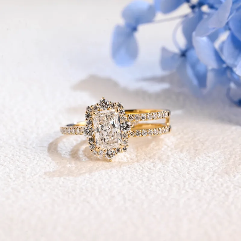 Solid Gold Radiant Cut Moissanite Engagement Ring and Enhancer Wedding Ring Bridal Set sold by Causyou