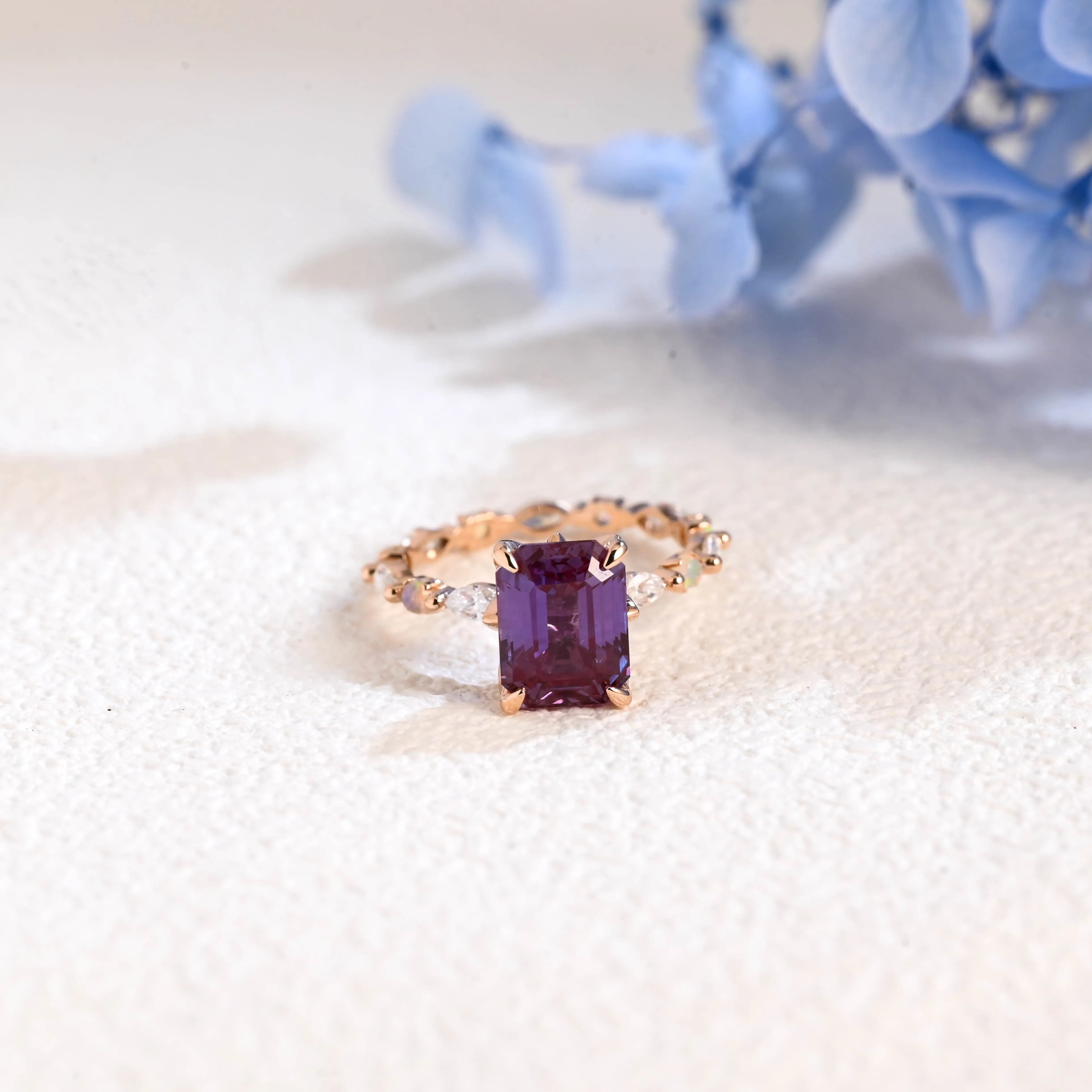 Solid Gold Emerald Cut Lab Alexandrite Stone Engagement Ring sold by Causyou