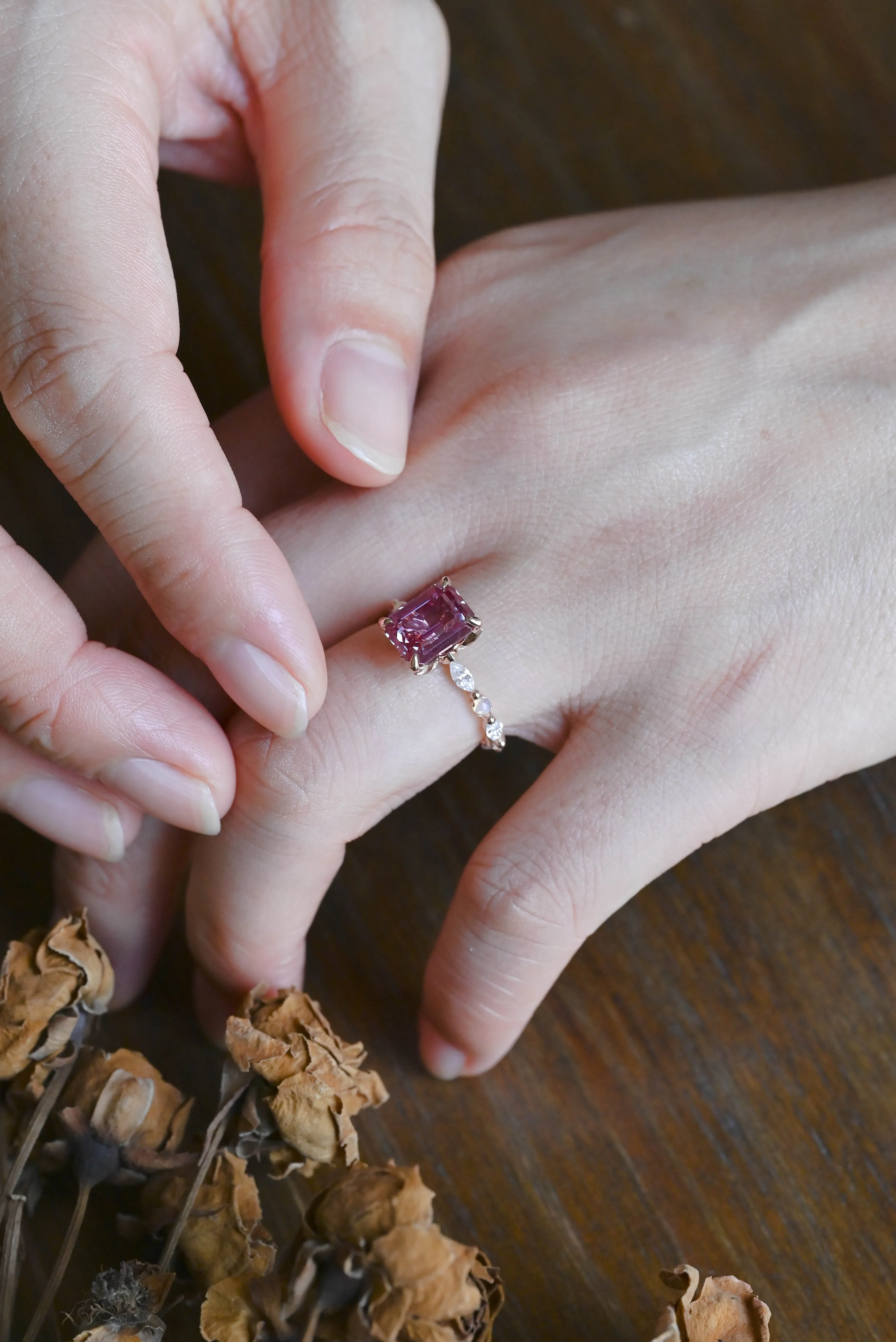 Solid Gold Emerald Cut Lab Alexandrite Stone Engagement Ring sold by Causyou product image thumbnail 2