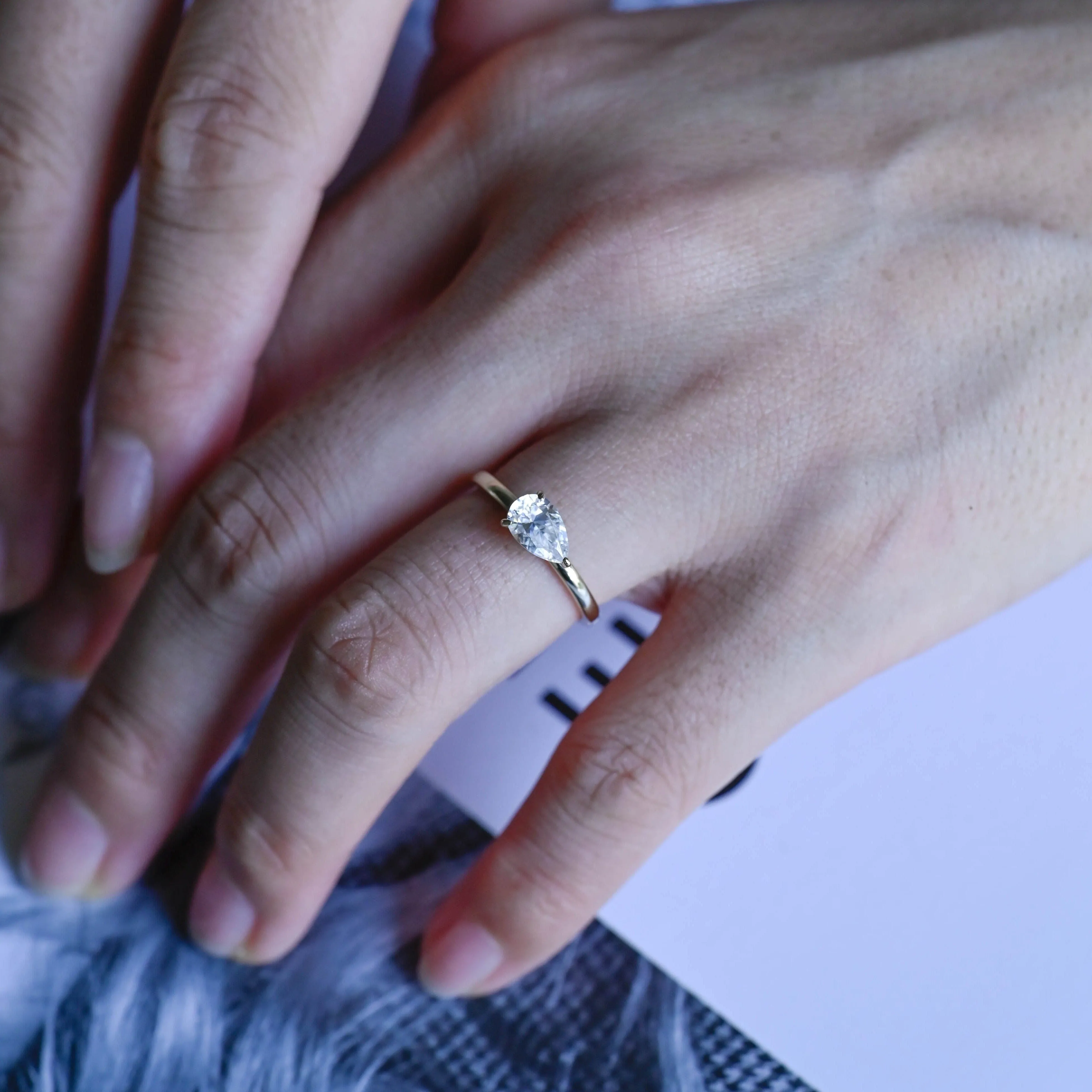 Solid Gold Pear Cut Moissanite Engagement Ring East West Ring, Solitaire Ring sold by Causyou product image thumbnail 2