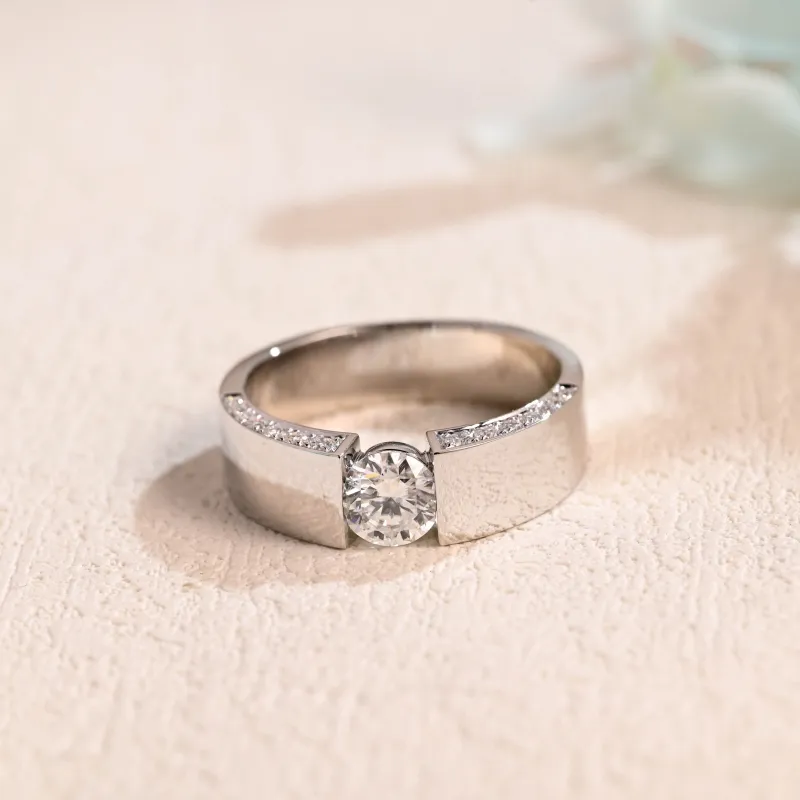 Solid Gold 6.5mm Width Wedding Band, Round Cut Moissanite Ring for Men sold by Causyou