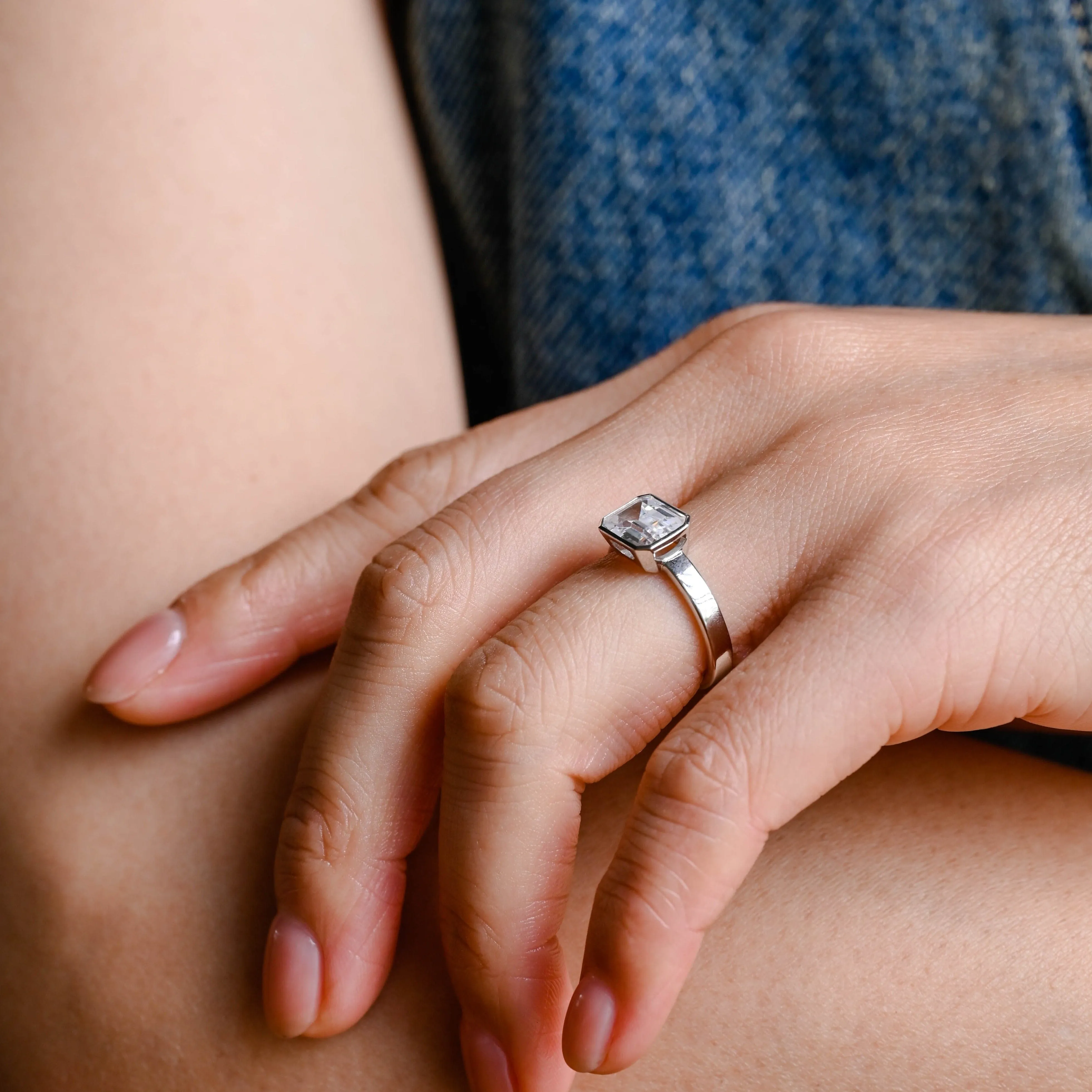 Solid Gold 3mm Width East West Emerald Cut Moissanite Engagement Ring sold by Causyou product image thumbnail 4