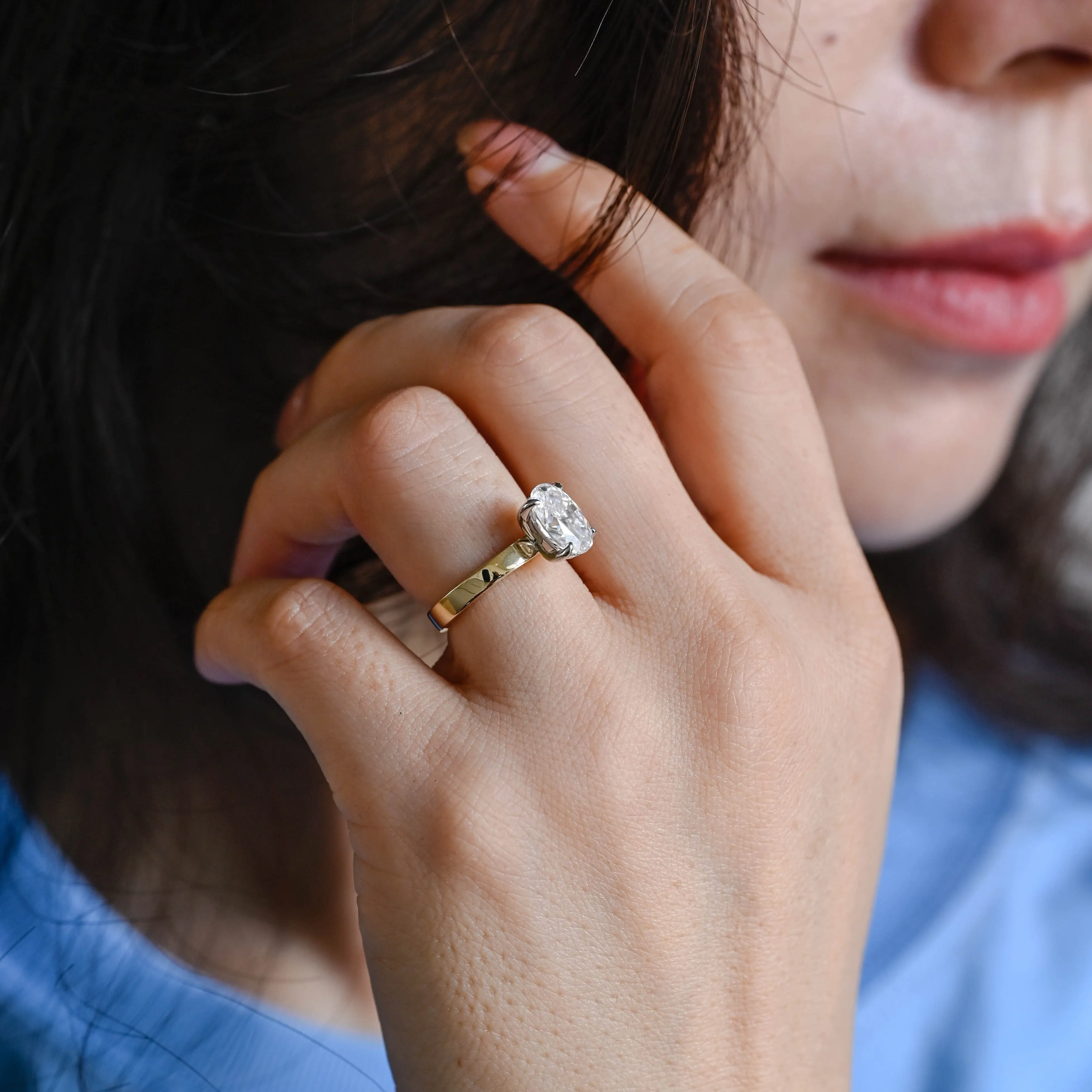 Solid Gold Two Tone 3mm Width Oval Cut Moissanite Engagement Ring sold by Causyou product image thumbnail 2