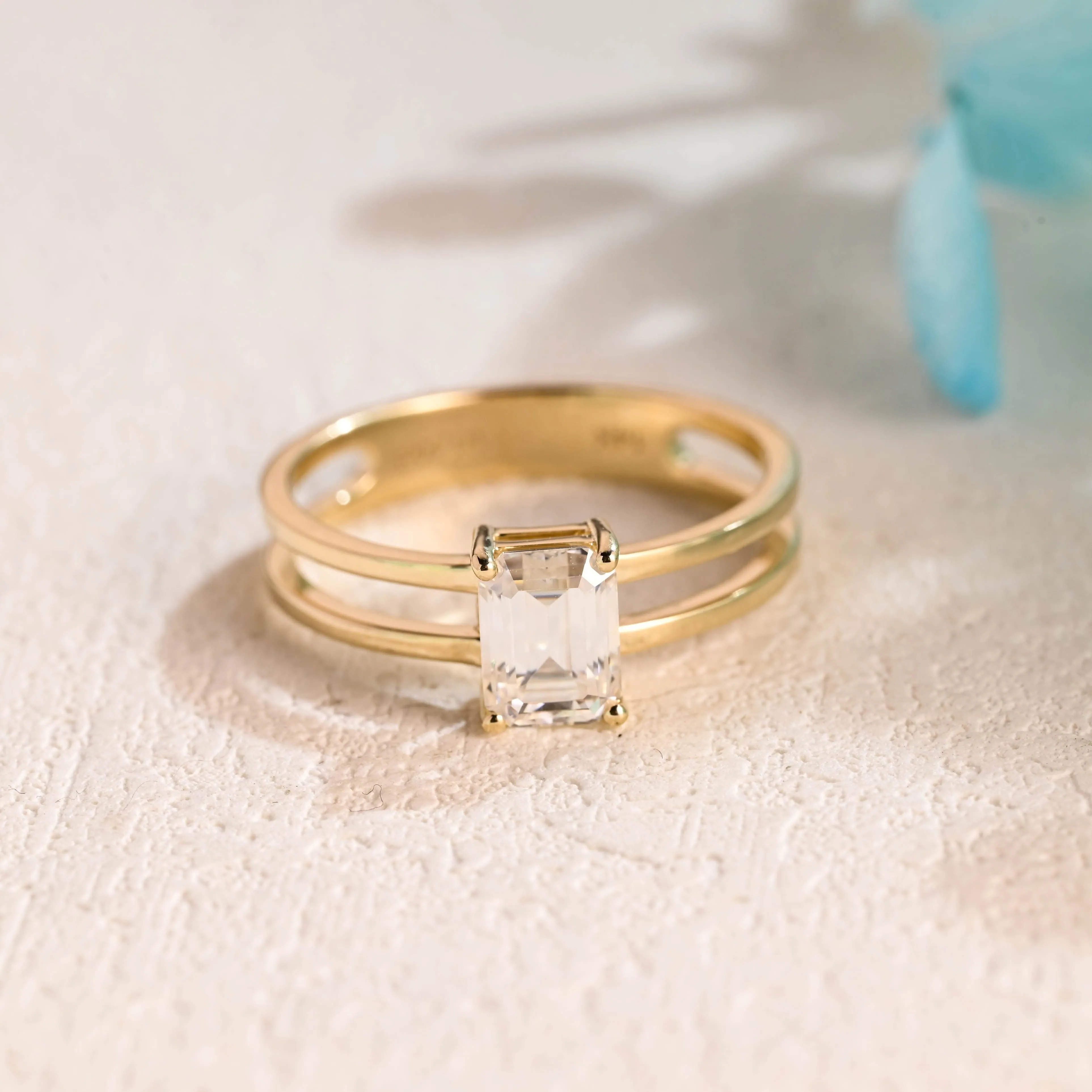 Solid Gold 4mm Width Double Band Emerald Cut Moissanite Engagement Ring sold by Causyou