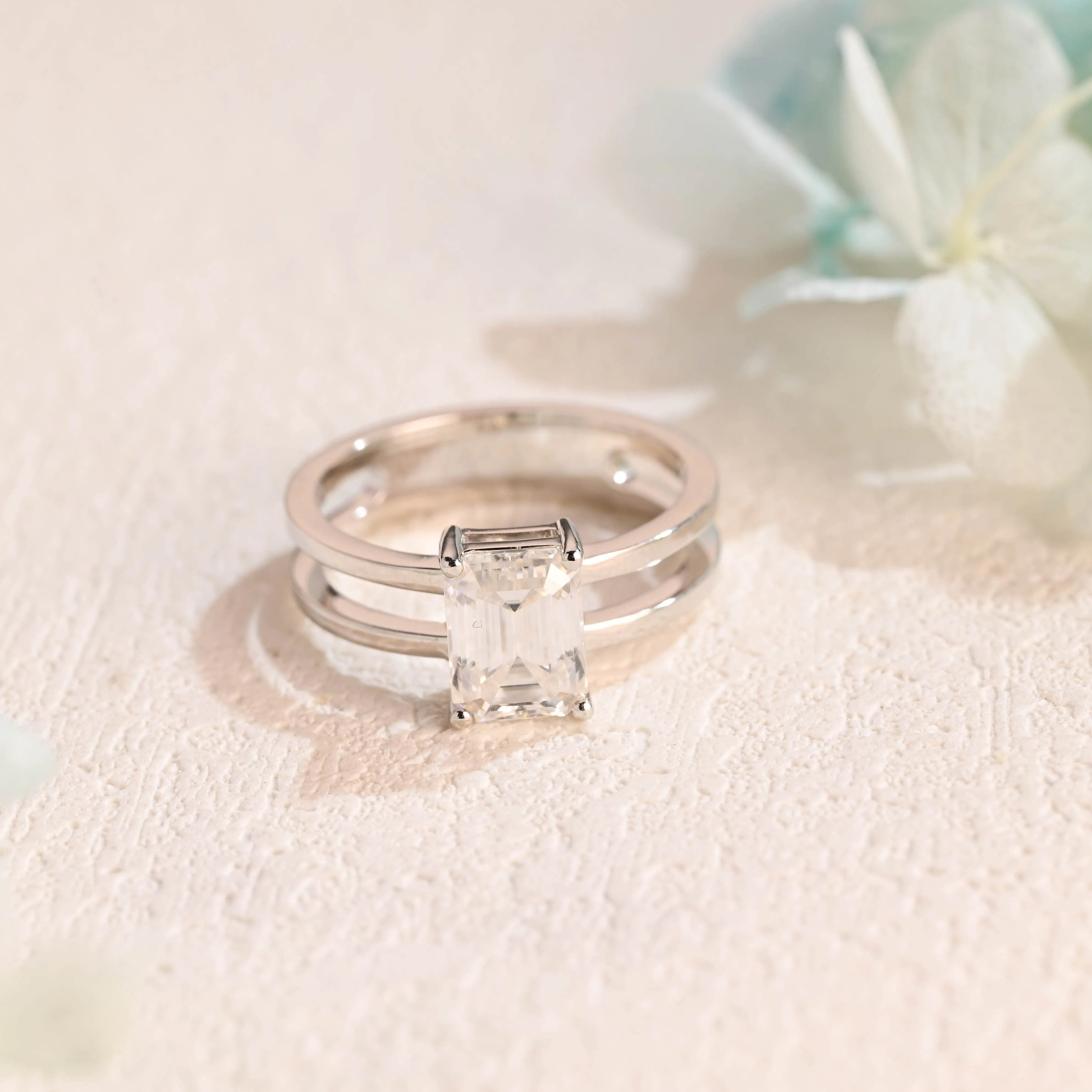 Solid Gold 4mm Width Double Band Emerald Cut Moissanite Engagement Ring sold by Causyou product image thumbnail 5