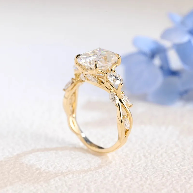 Solid Gold Elongated Cushion Cut Moissanite Engagement Ring, Twig Band Ring sold by Causyou