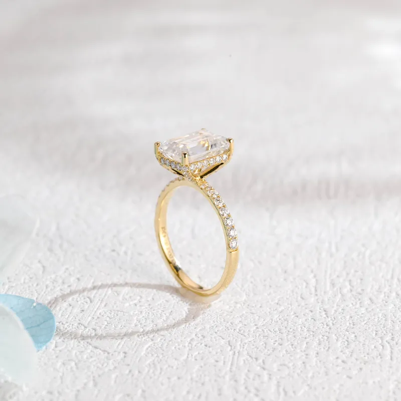 Solid Gold Emerald Cut Moissanite Engagement Ring with Hidden Halo sold by Causyou