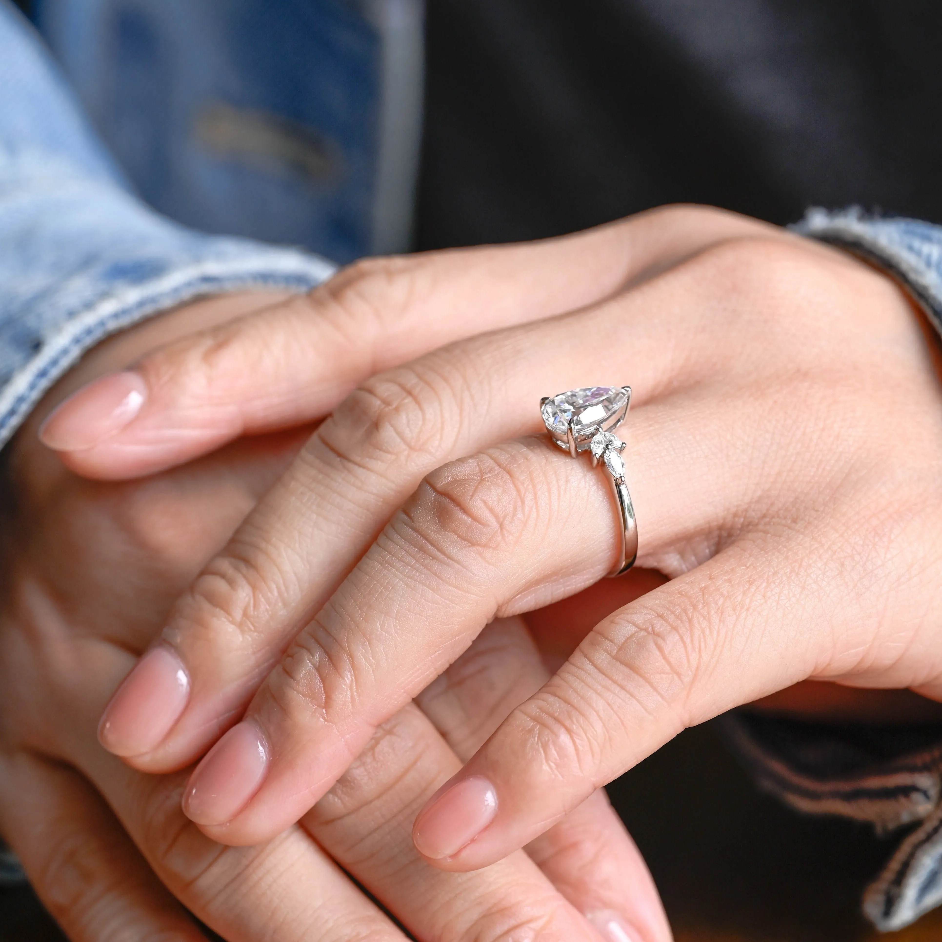 Solid Gold Pear Cut Moissanite Engagement Ring Cluster Ring sold by Causyou product image thumbnail 3