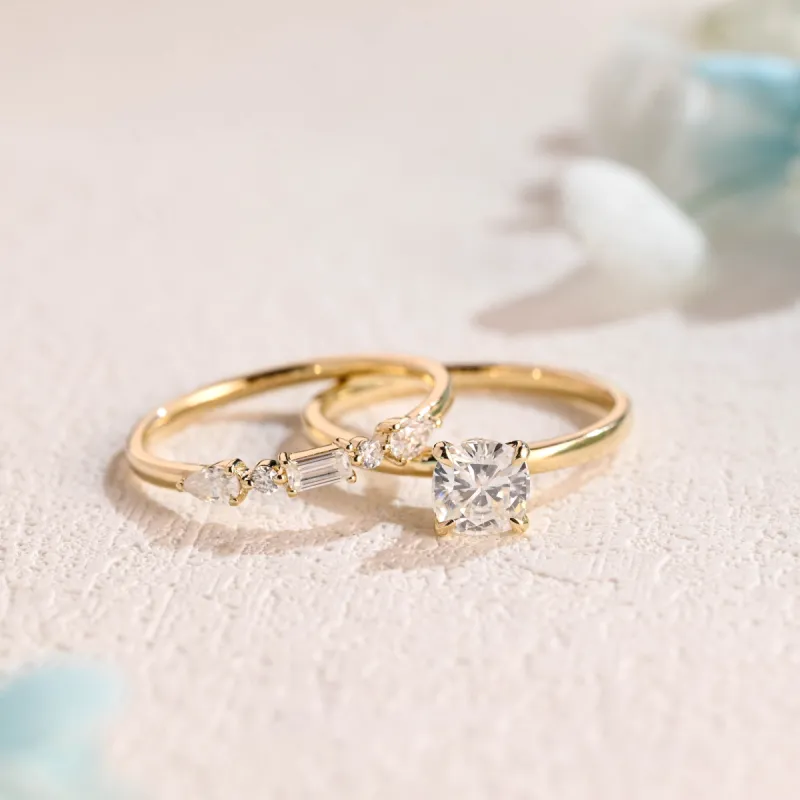 CausYou Solid Gold Cushion Cut Moissanite Engagement Ring and Wedding Ring Set sold by Causyou