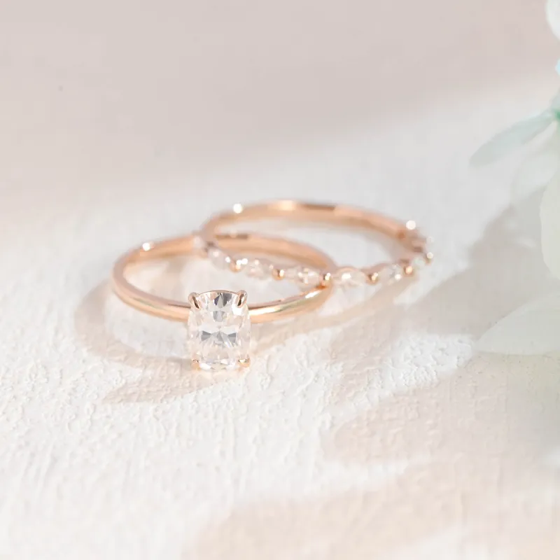 Solid Gold Elongated Cushion Cut Moissanite Engagement Ring and Wedding Ring Set sold by Causyou