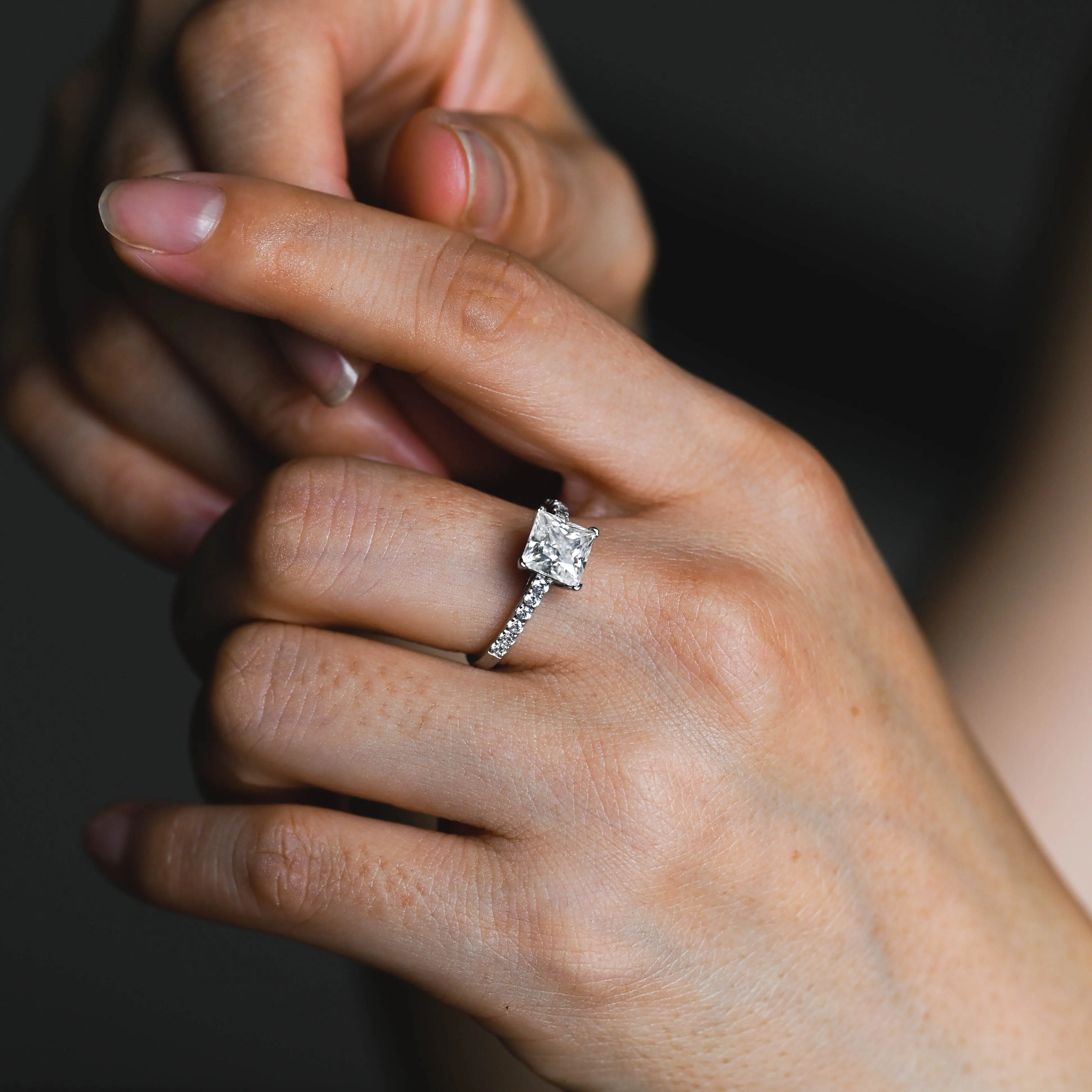 Solid Gold Solitaire Paved Princess Cut Moissanite Engagement Ring sold by Causyou product image thumbnail 4