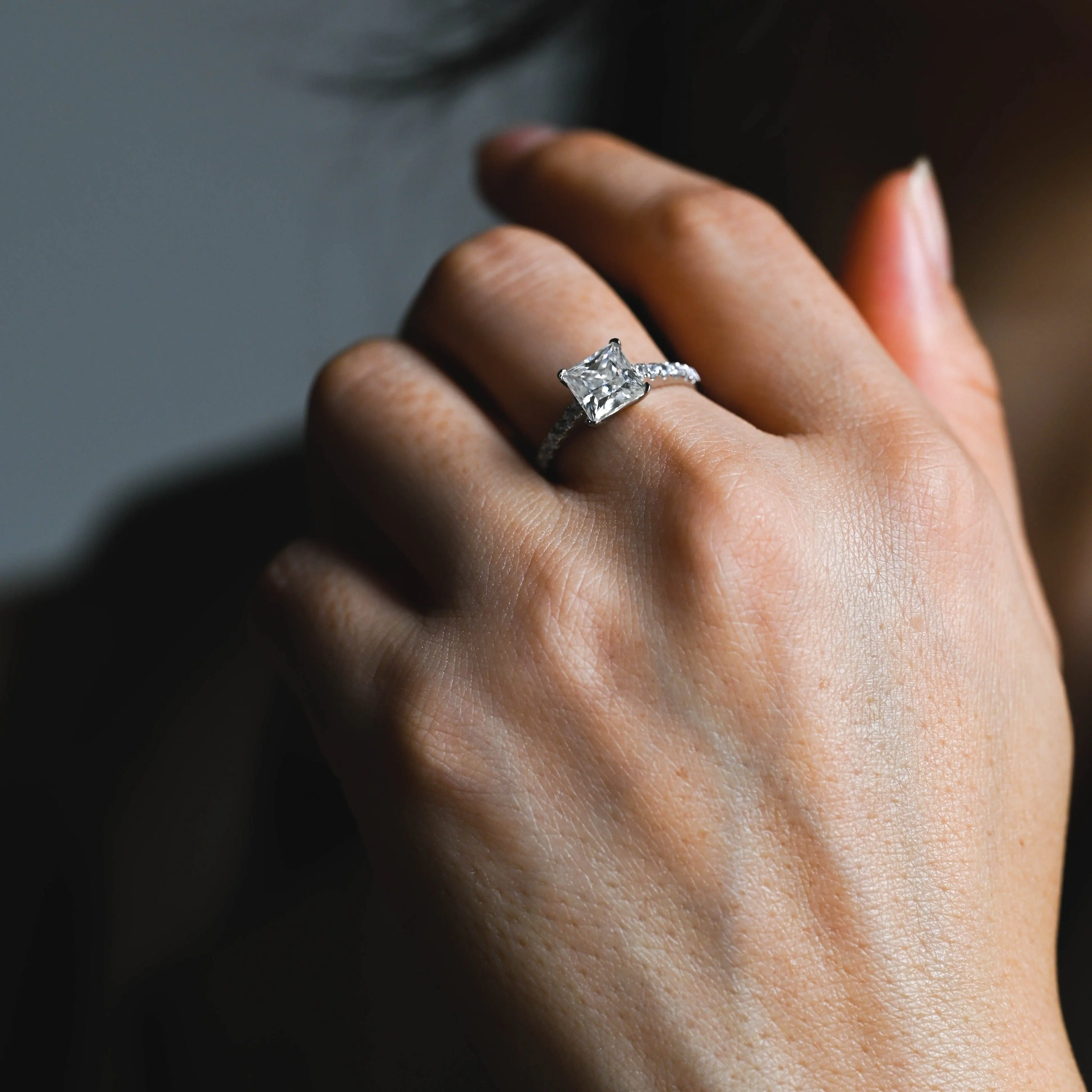 Solid Gold Solitaire Paved Princess Cut Moissanite Engagement Ring sold by Causyou product image thumbnail 3