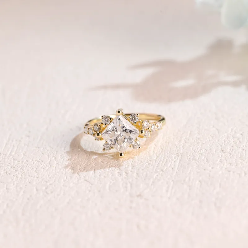 Solid Gold Side Cluster Solitaire Princess Cut Moissanite Engagement Ring made by Causyou