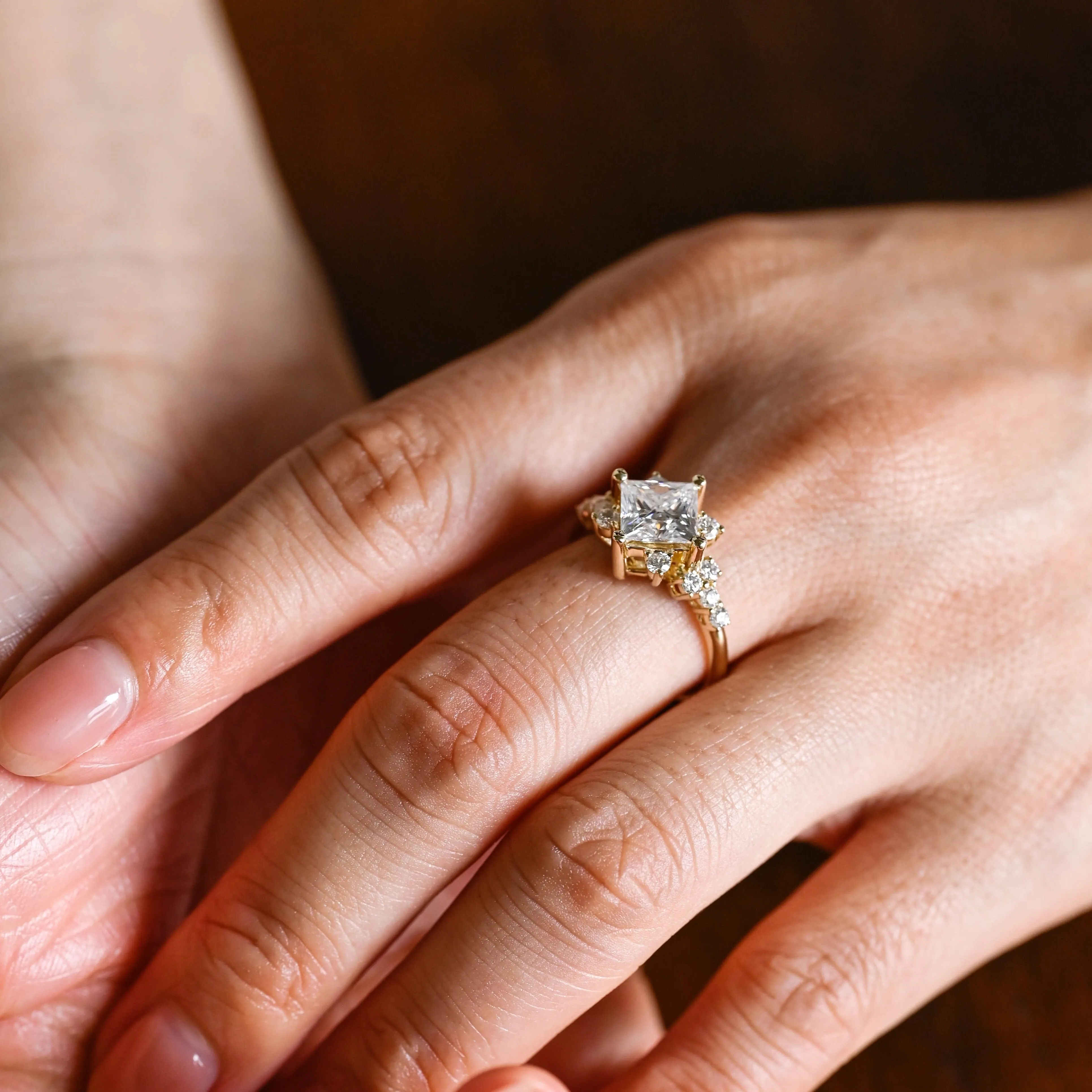 Solid Gold Side Cluster Solitaire Princess Cut Moissanite Engagement Ring sold by Causyou product image thumbnail 4