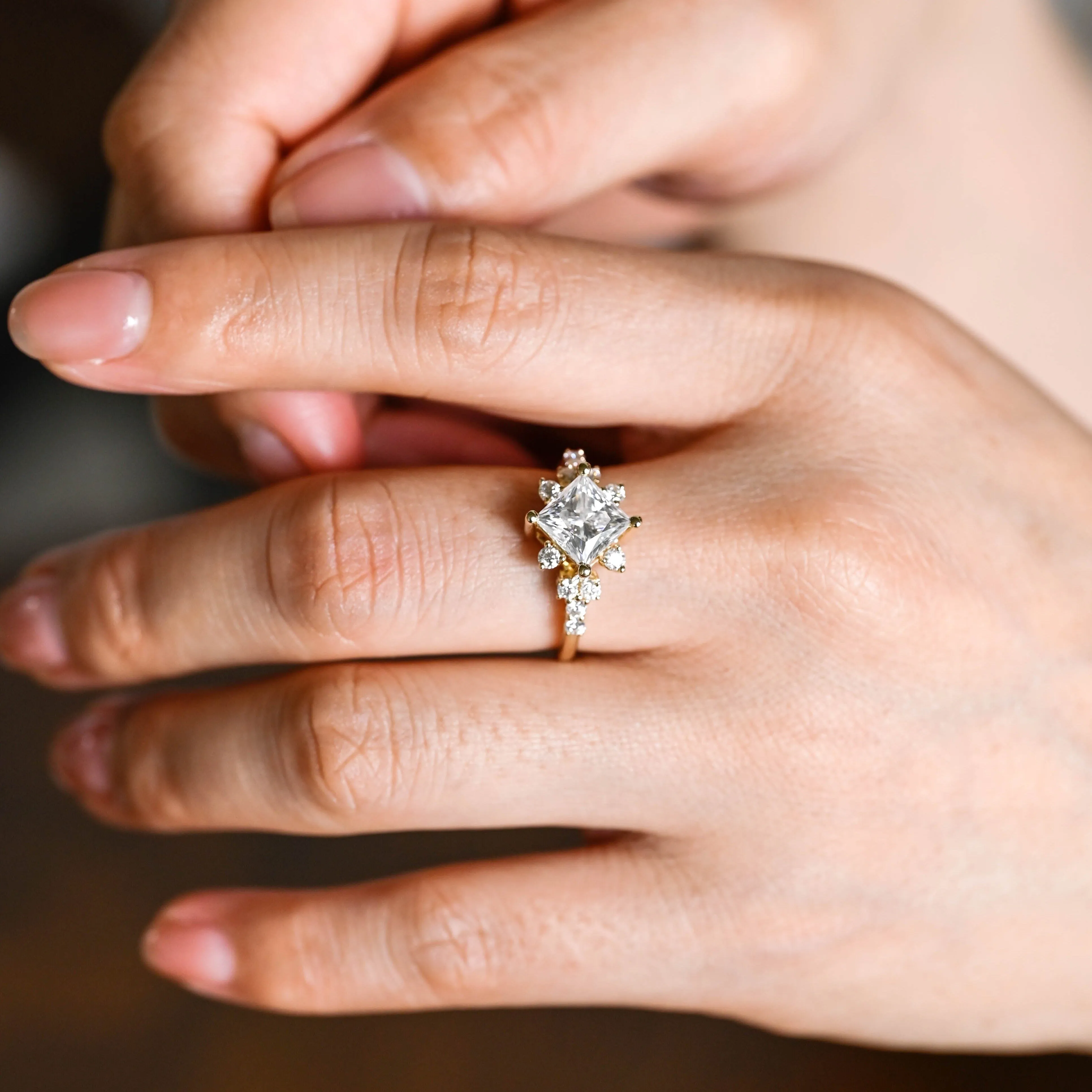 Solid Gold Side Cluster Solitaire Princess Cut Moissanite Engagement Ring sold by Causyou product image thumbnail 2