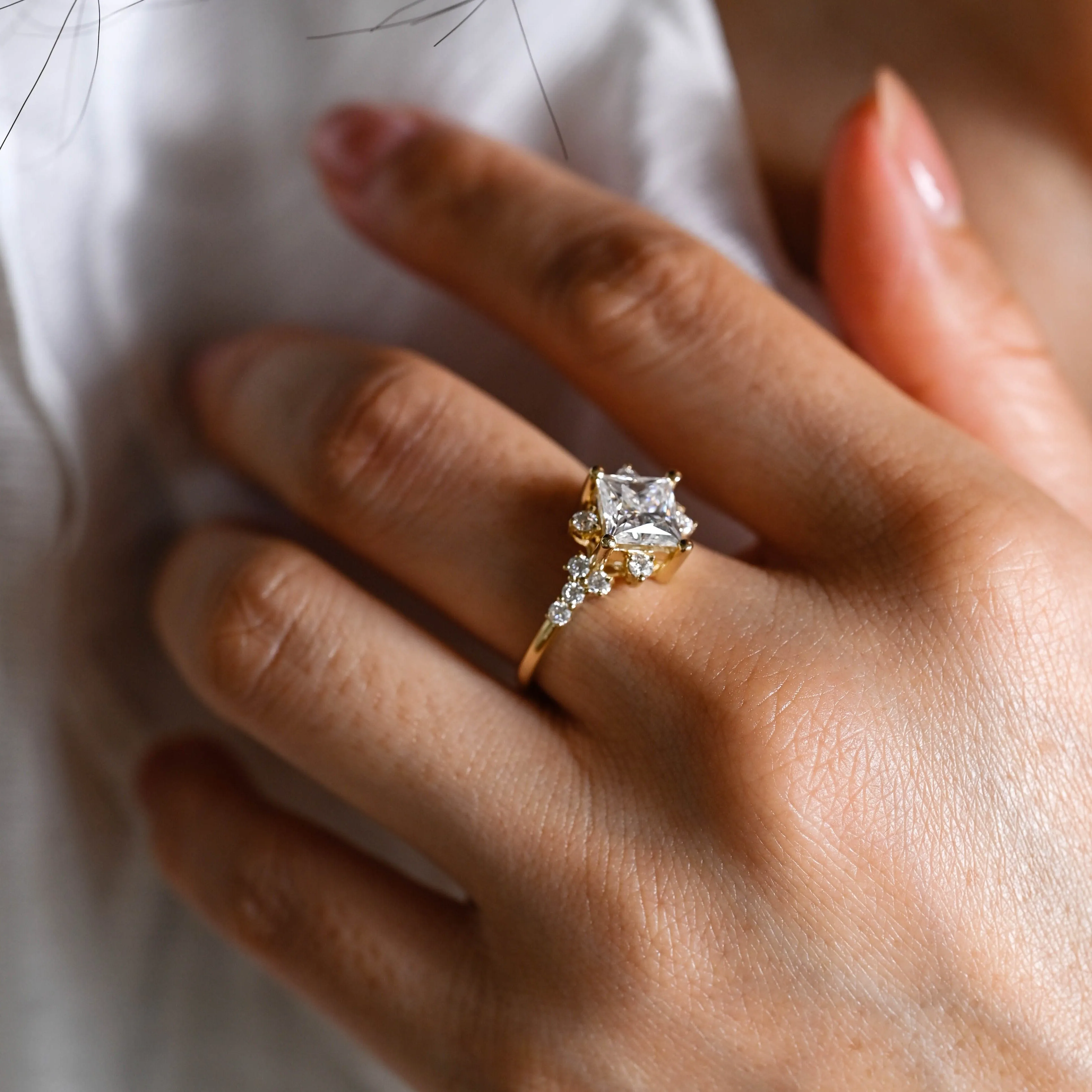 Solid Gold Side Cluster Solitaire Princess Cut Moissanite Engagement Ring sold by Causyou product image thumbnail 3