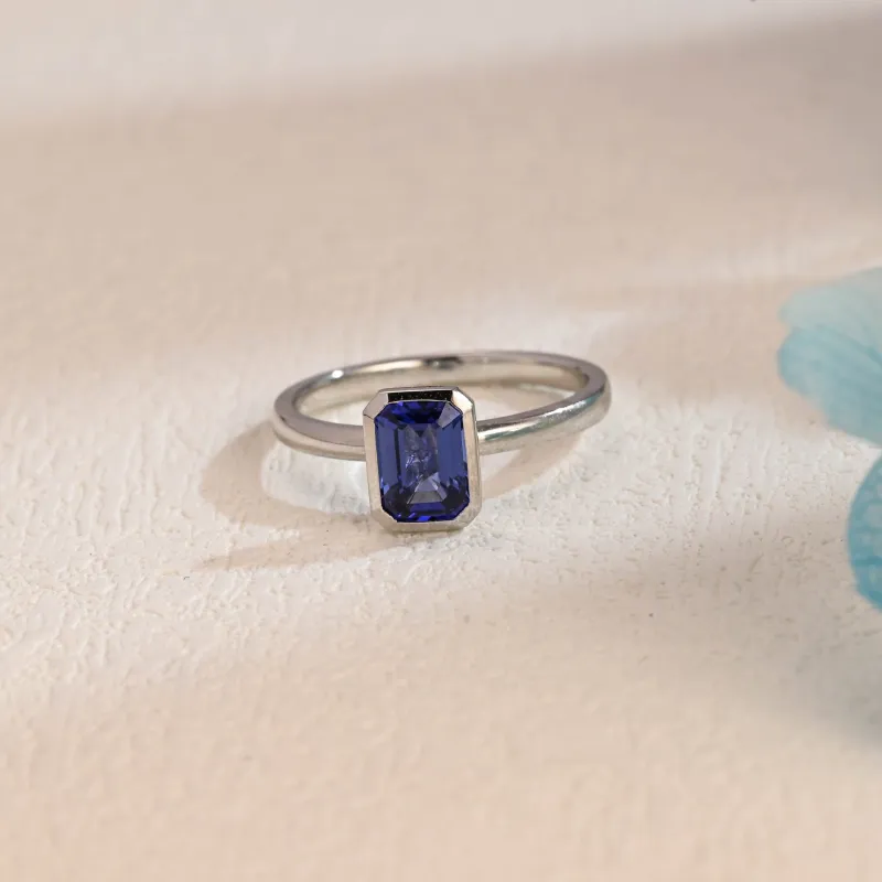 Solid Gold Solitaire Lab Grown Emerald Cut Sapphire Engagement Ring made by Causyou