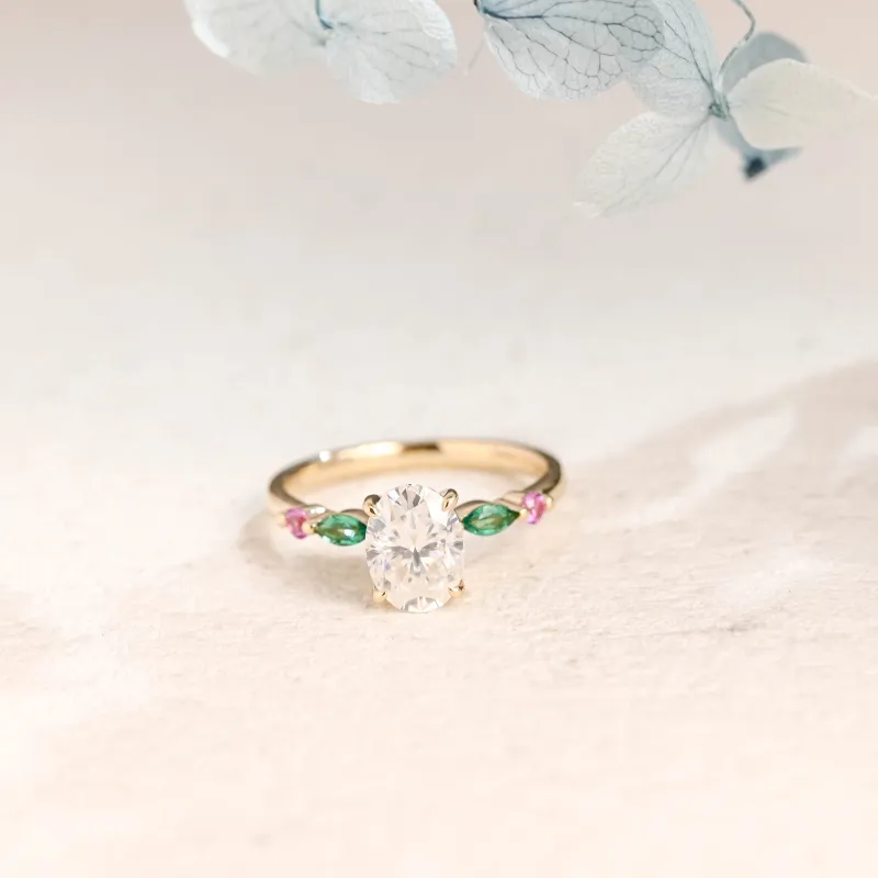 Solid Gold Oval Cut Moissanite Engagement Ring with Colourful Accent Gems made by Causyou