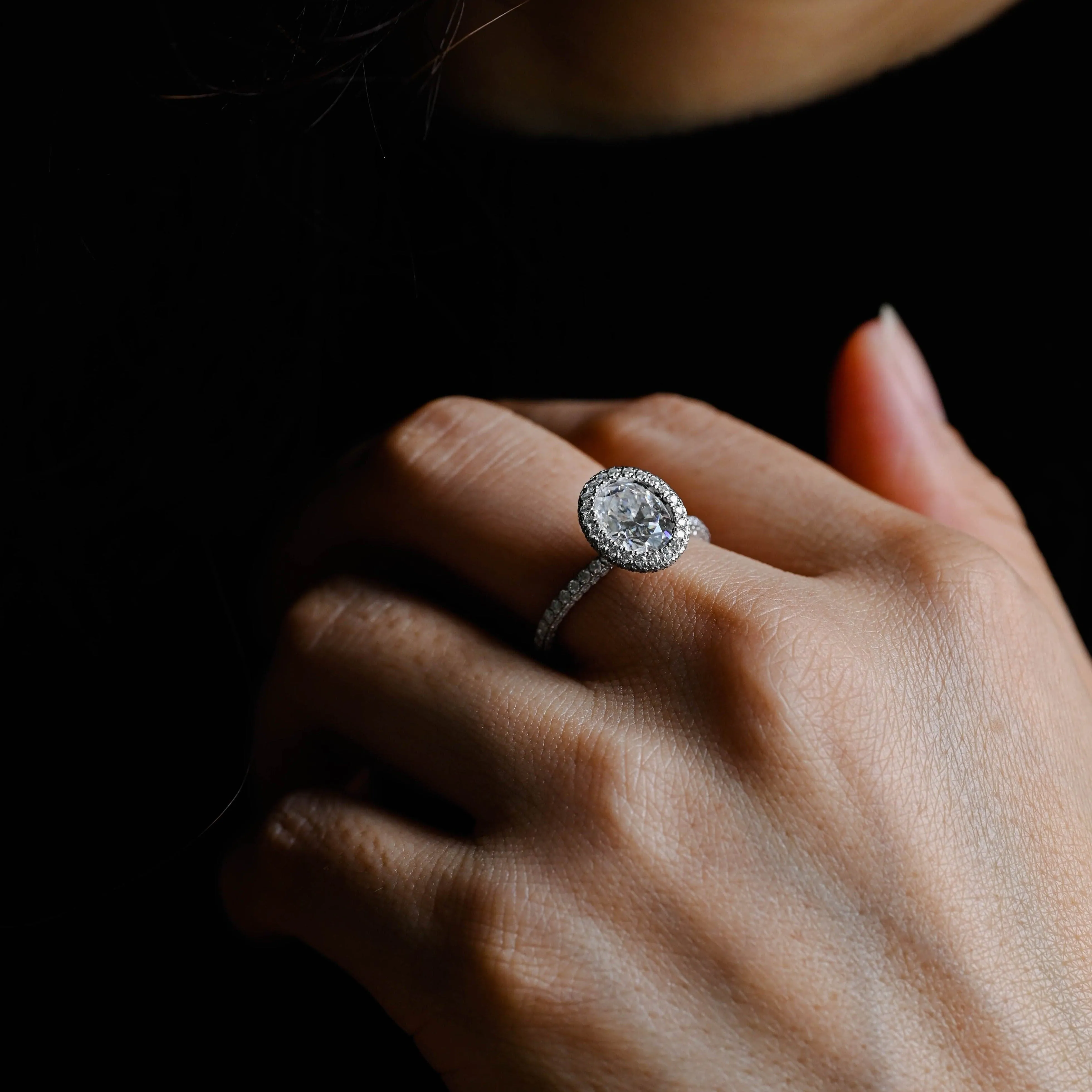 Solid Gold Halo Full Paved Oval Cut Moissanite Engagement Ring sold by Causyou product image thumbnail 5