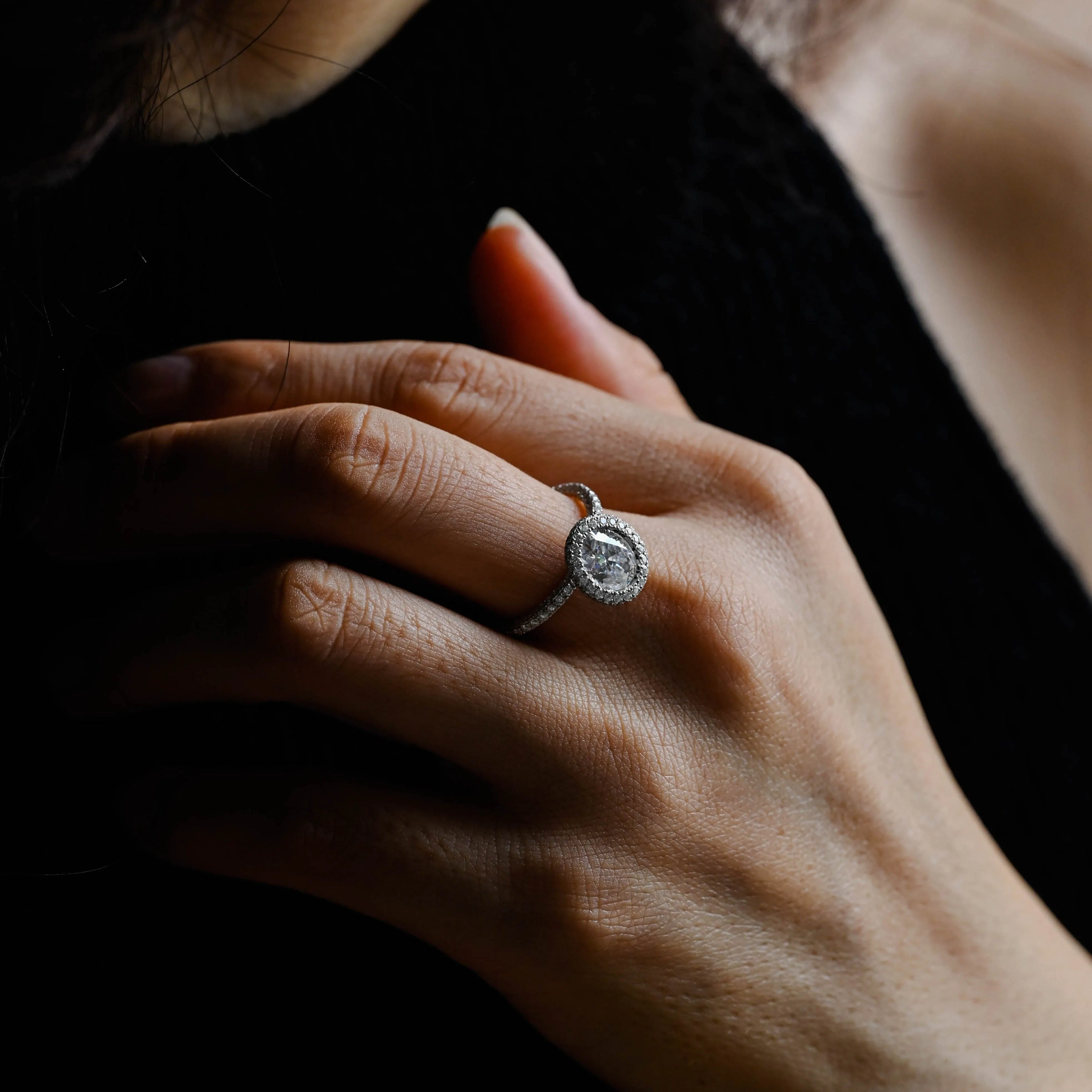 Solid Gold Halo Full Paved Oval Cut Moissanite Engagement Ring sold by Causyou product image thumbnail 2