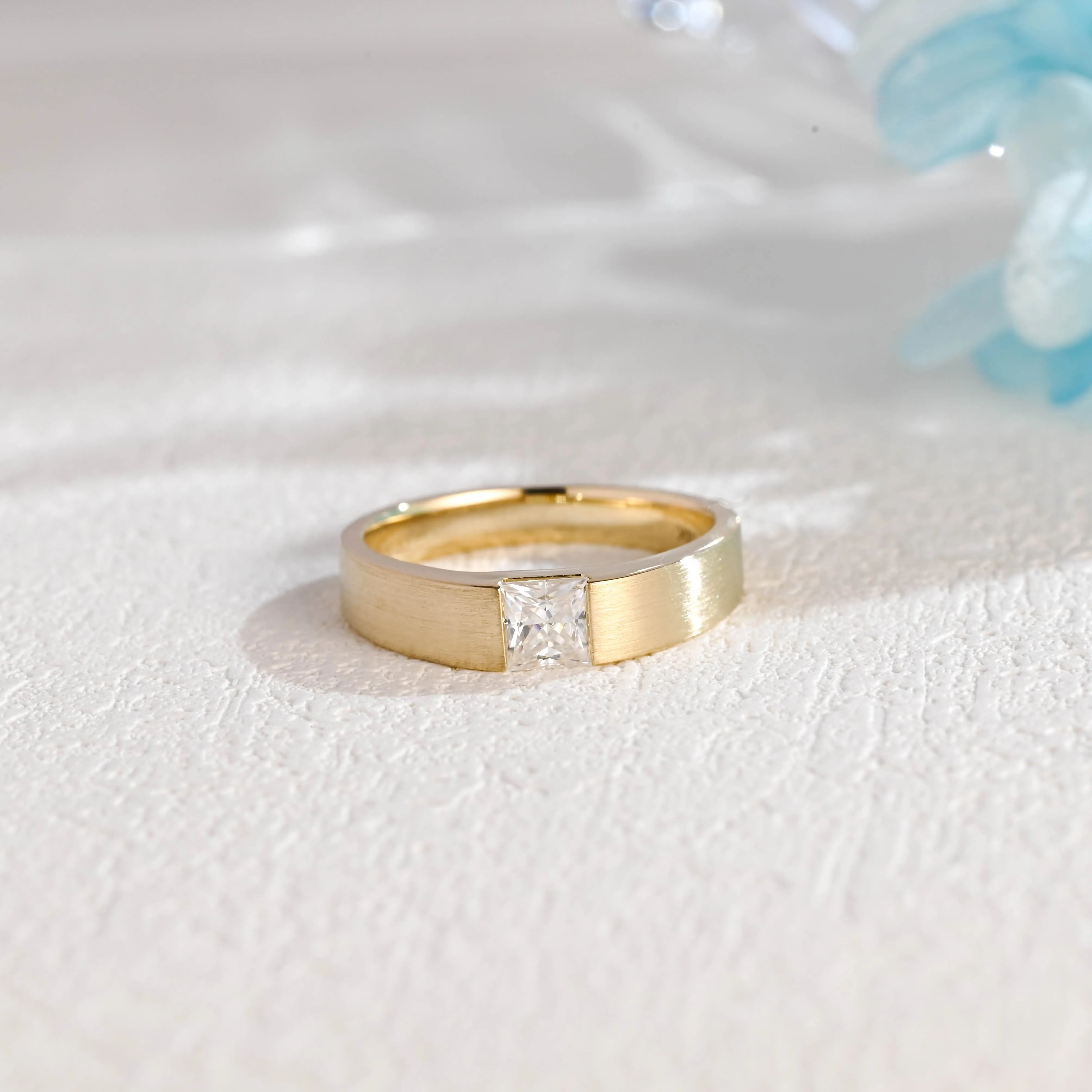 Solid Gold 5mm Width Matte Finish Princess Cut Moissanite Wedding Ring sold by Causyou