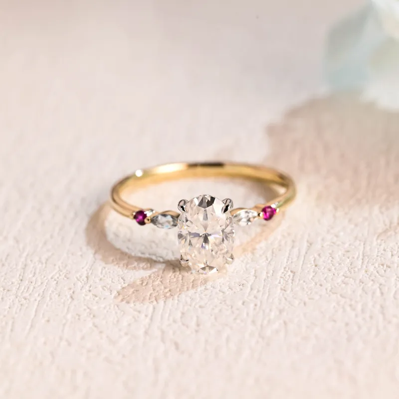 Solid Gold Sapphire Accented Oval Cut Moissanite Engagement Ring made by Causyou