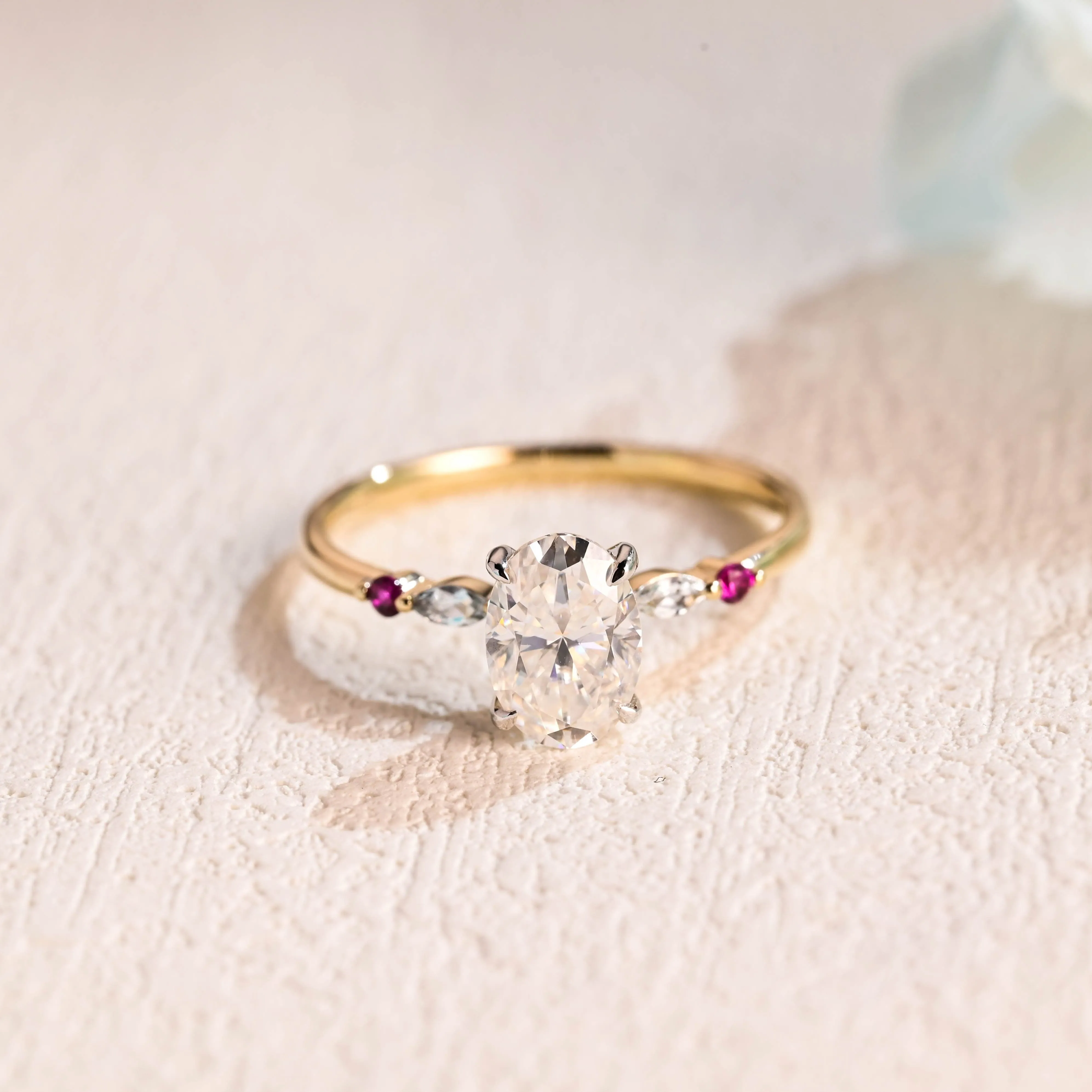 Solid Gold Sapphire Accented Oval Cut Moissanite Engagement Ring sold by Causyou