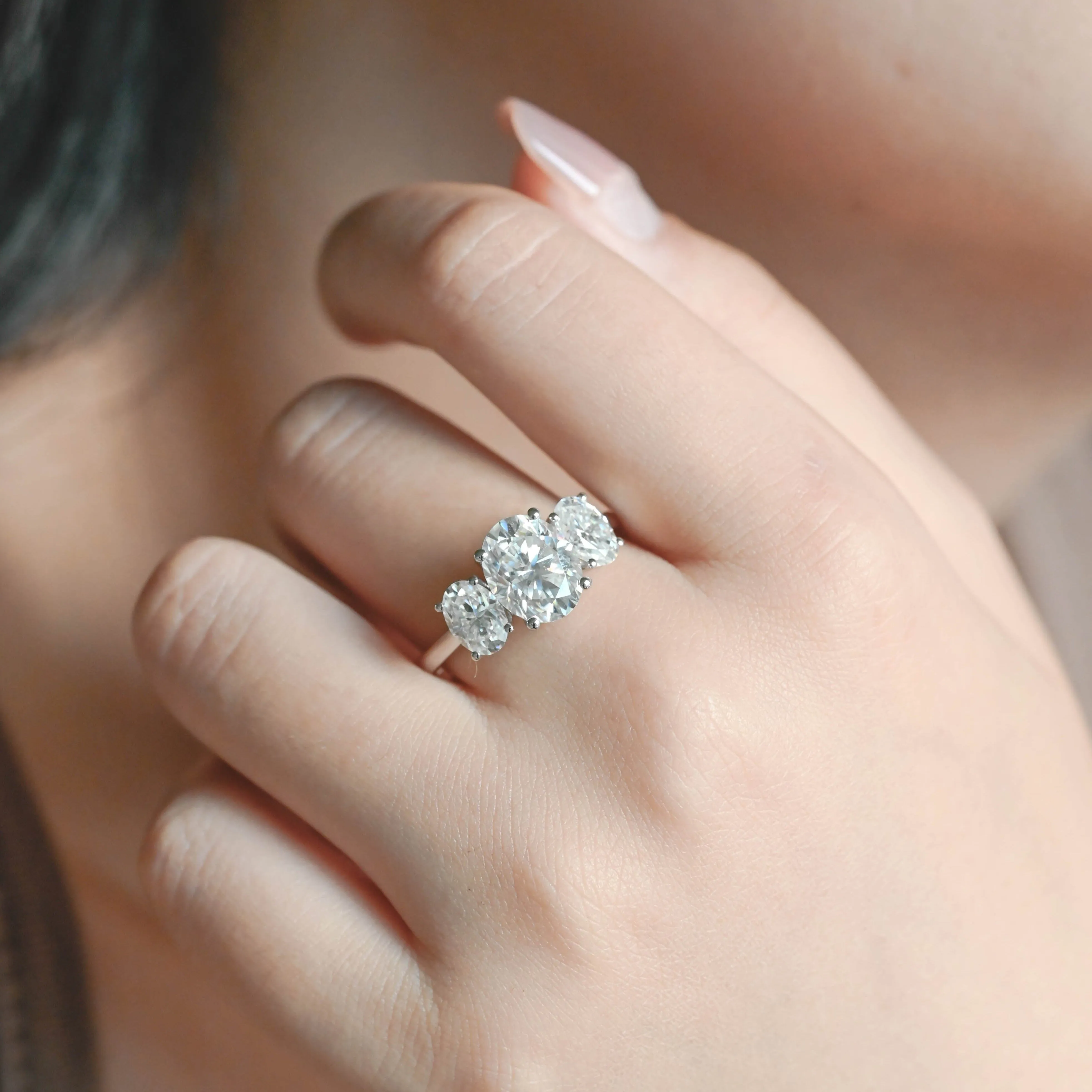 Solid Gold Three Stone Oval Cut Moissanite Engagement Ring sold by Causyou product image thumbnail 2