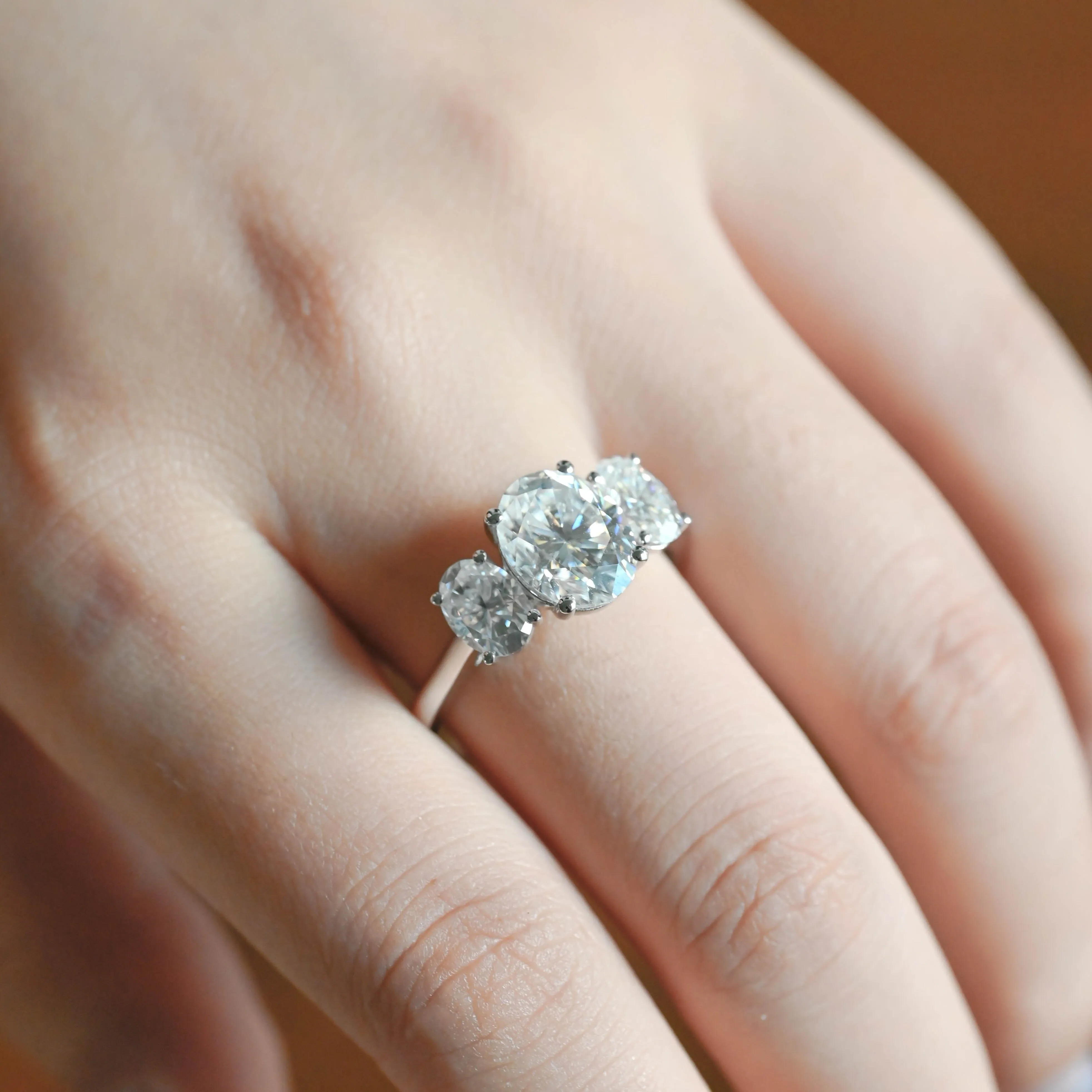 Solid Gold Three Stone Oval Cut Moissanite Engagement Ring sold by Causyou product image thumbnail 4