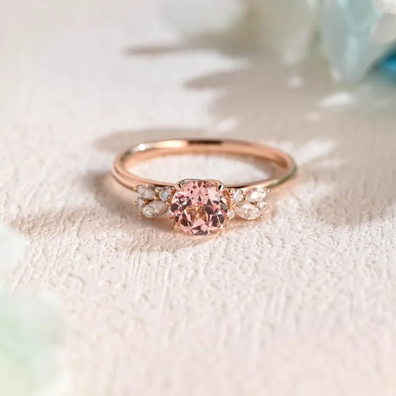Solid Gold Solitaire Floral Round Cut Lab Pink Sapphire Engagement Ring made by Causyou