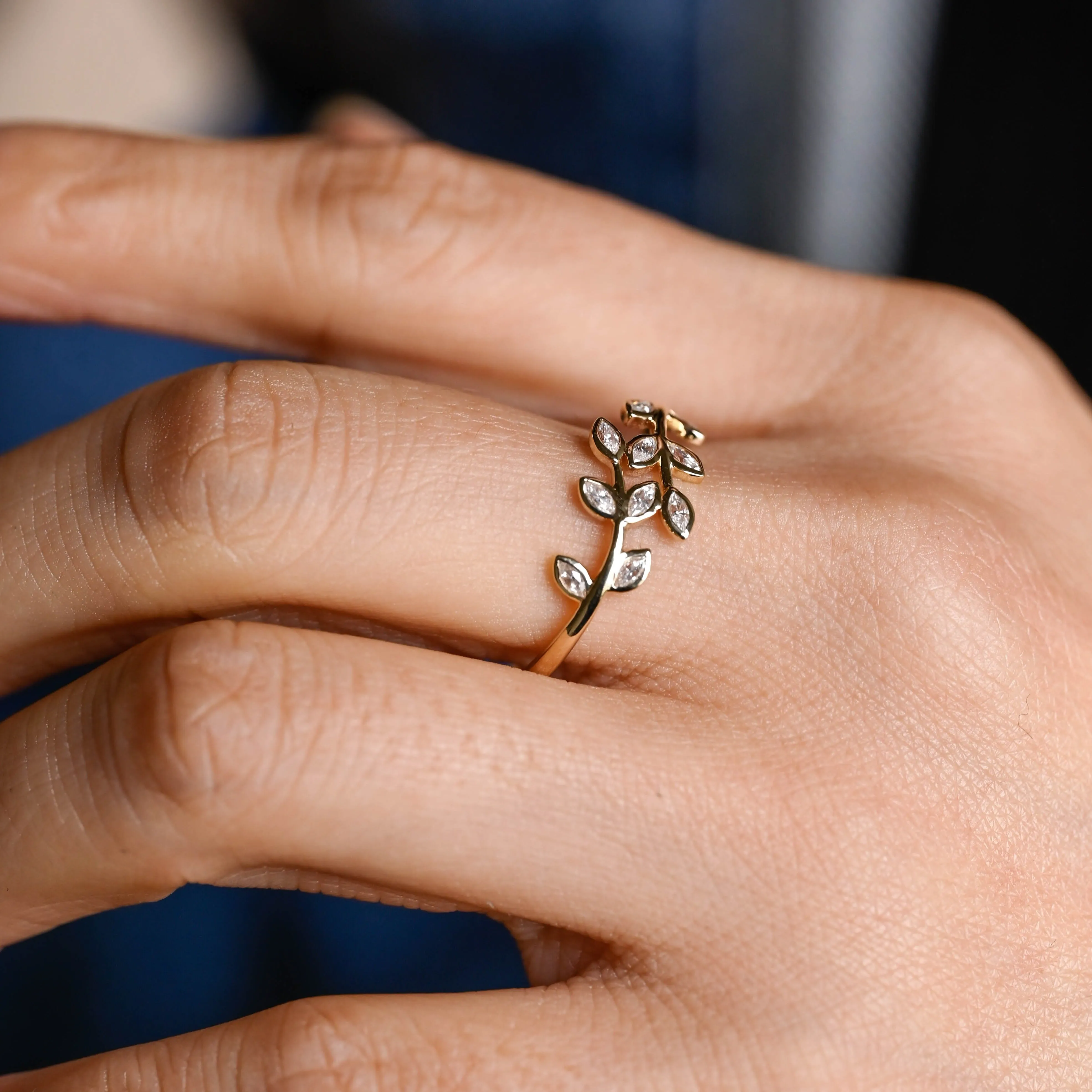 Solid Gold Marquise Cut Moissanite Leaf Branch Style Wedding Ring sold by Causyou product image thumbnail 2
