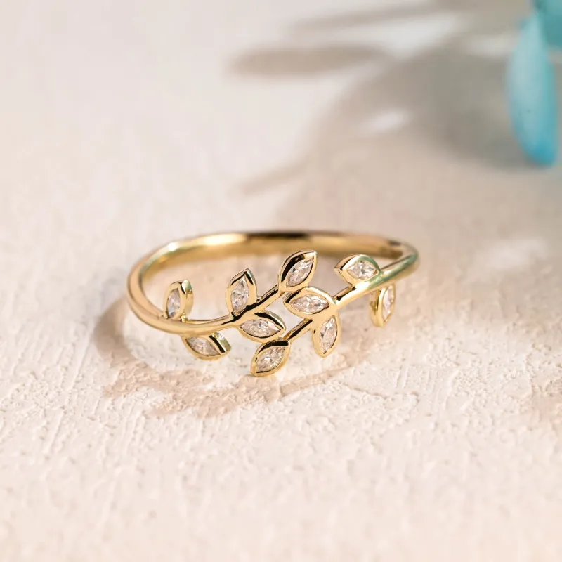 Solid Gold Marquise Cut Moissanite Leaf Branch Style Wedding Ring made by Causyou