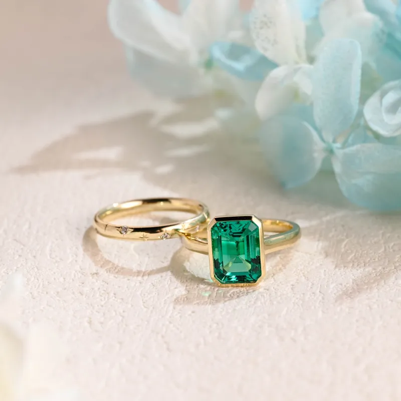 CausYou Solid Gold Lab Grown Emerald Engagement Ring and Wedding Ring Set made by Causyou
