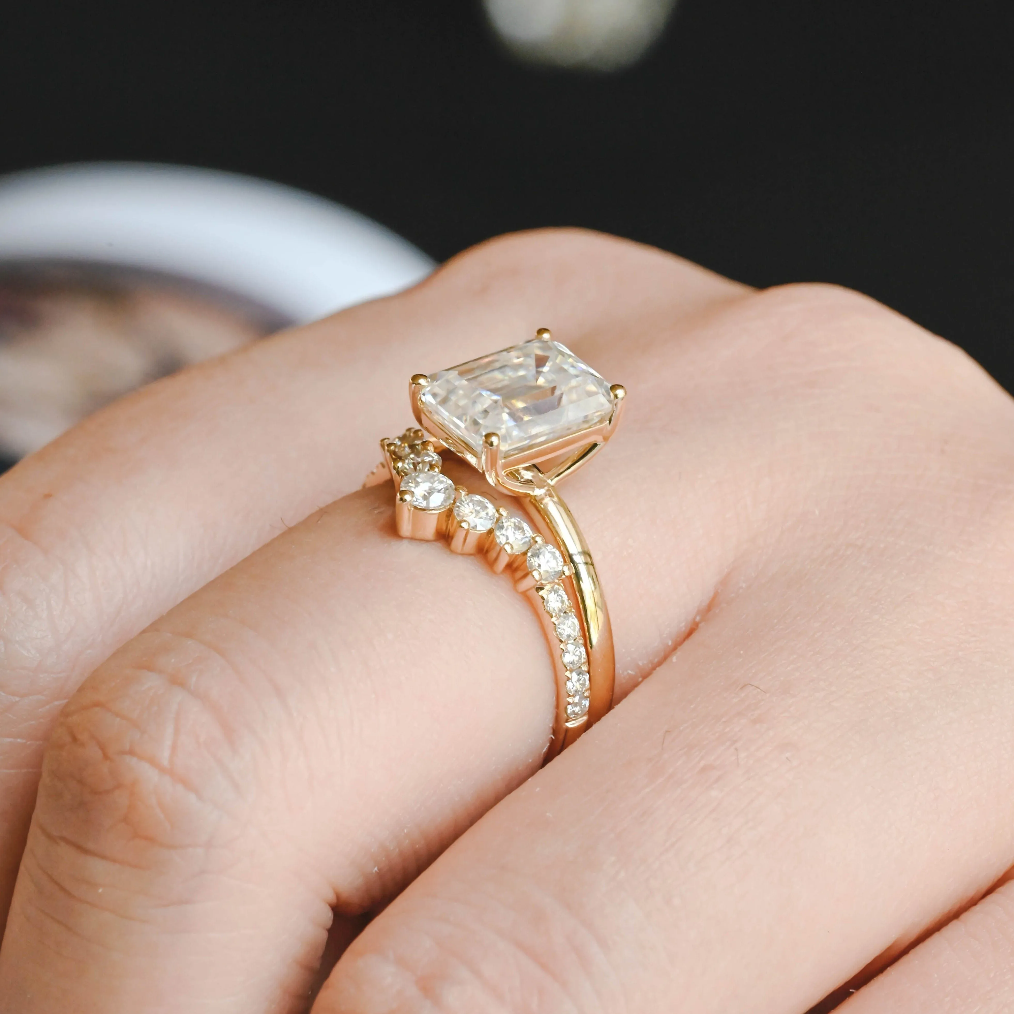 CausYou Solid Gold Emerald Cut Moissanite Engagement Ring and Wedding Ring Set sold by Causyou product image thumbnail 2