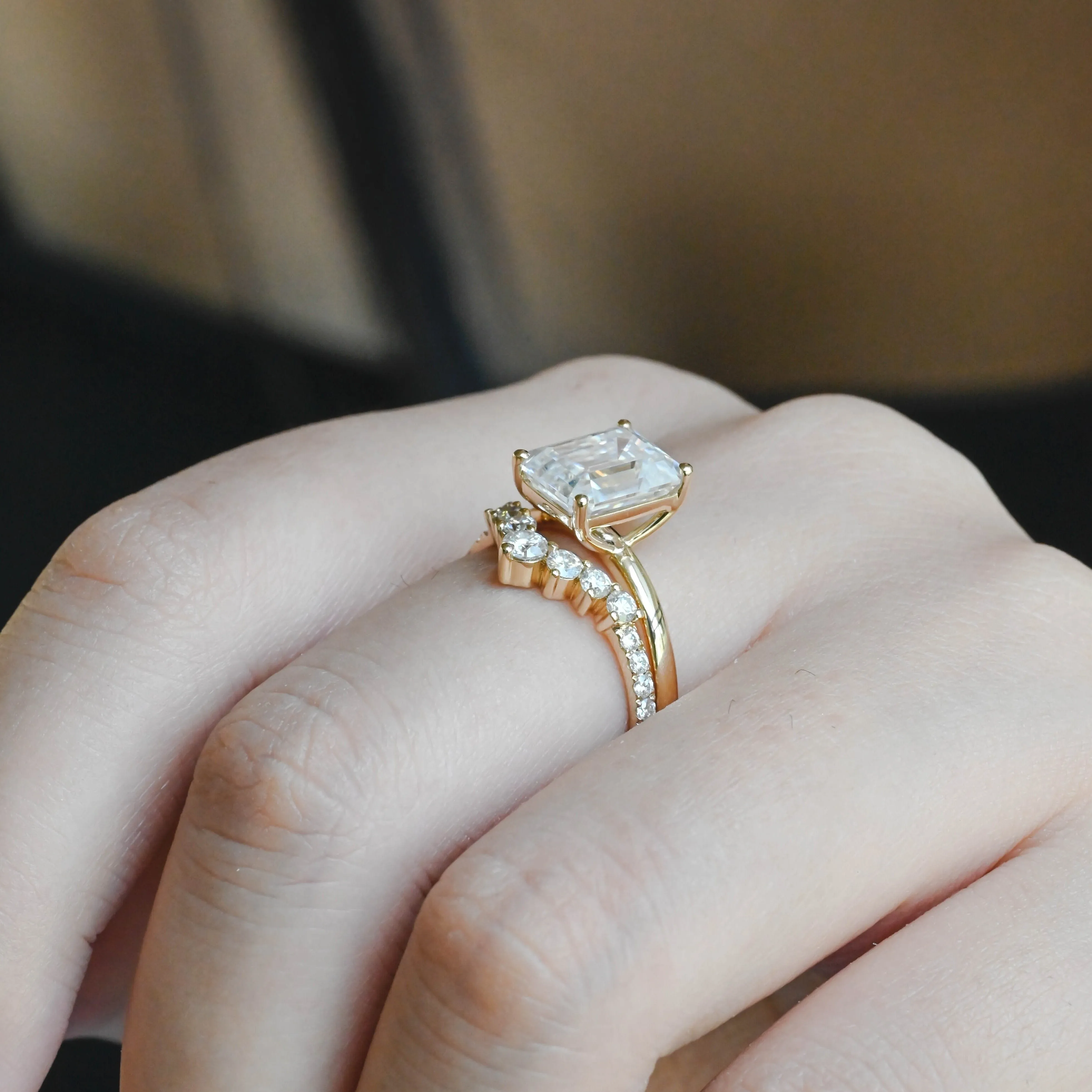 CausYou Solid Gold Emerald Cut Moissanite Engagement Ring and Wedding Ring Set sold by Causyou product image thumbnail 3