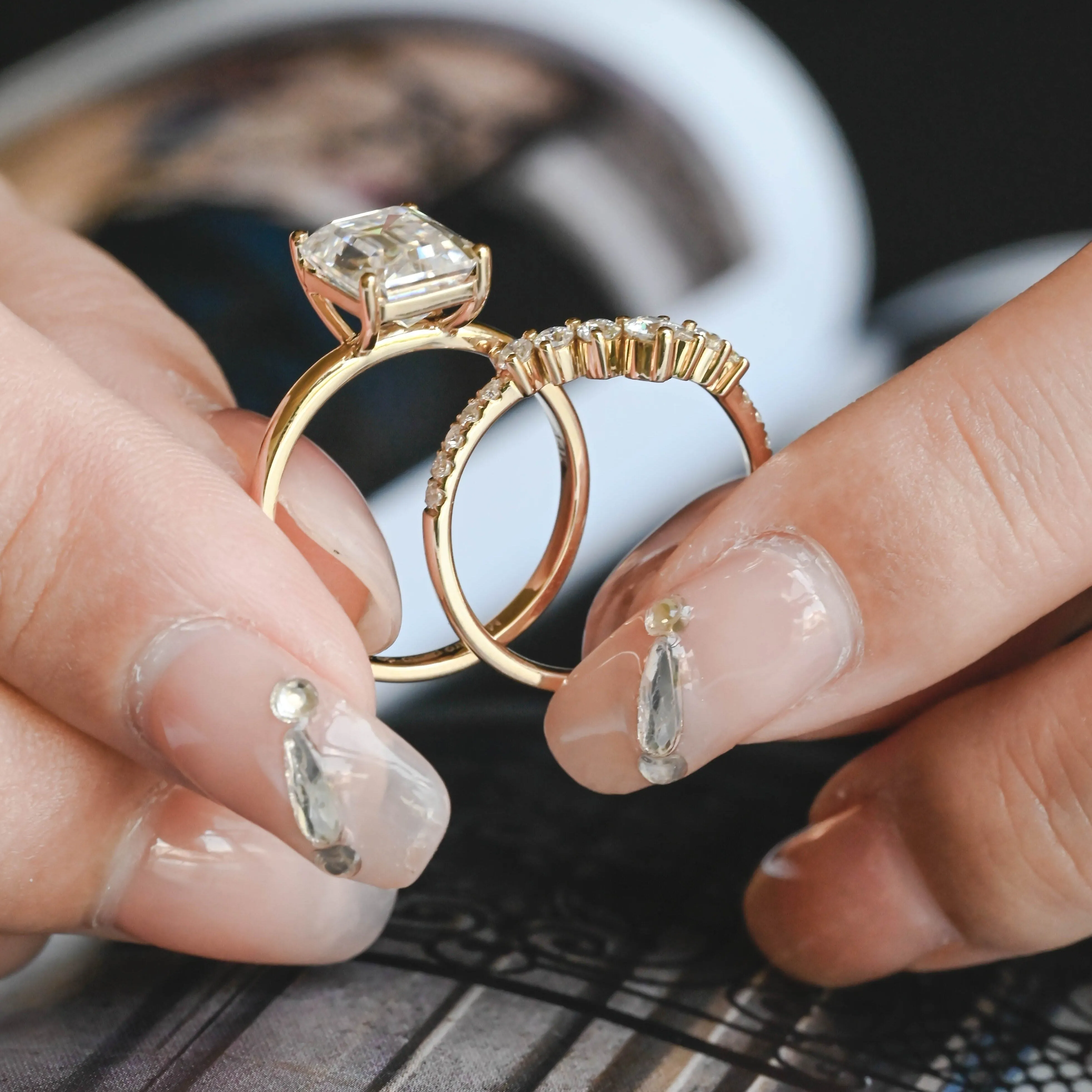 CausYou Solid Gold Emerald Cut Moissanite Engagement Ring and Wedding Ring Set sold by Causyou product image thumbnail 4