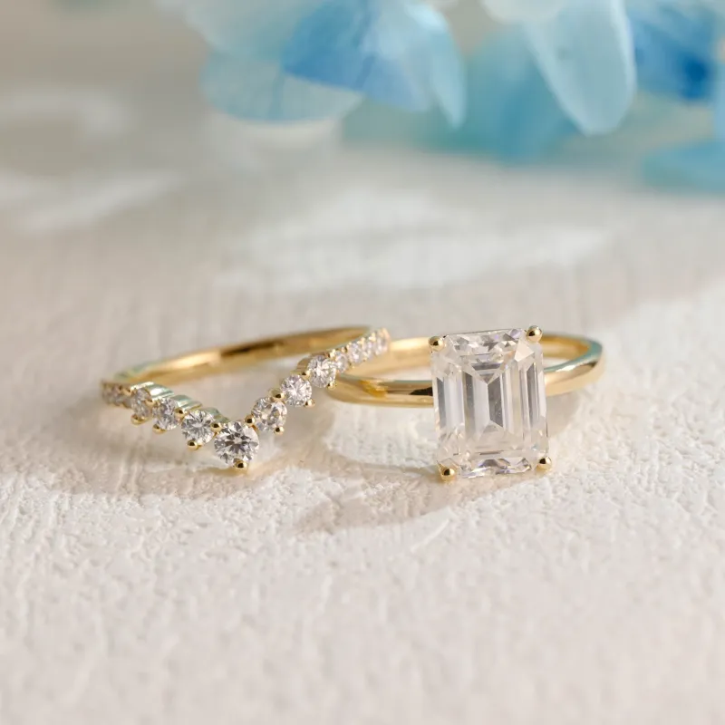CausYou Solid Gold Emerald Cut Moissanite Engagement Ring and Wedding Ring Set made by Causyou