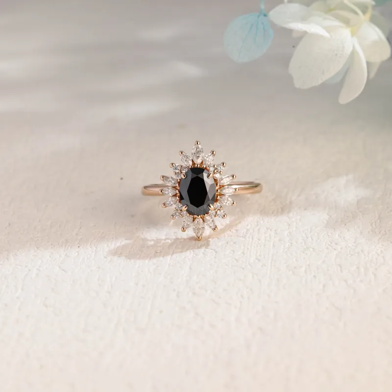 Solid Gold Starburst Halo Oval Cut Black Moissanite Engagement Ring made by Causyou