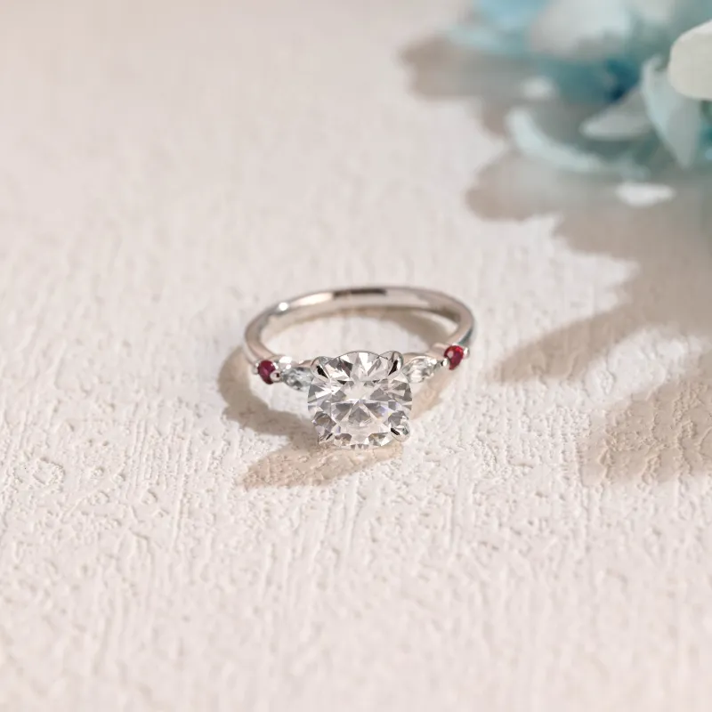 Solid Gold Solitaire Pave Ruby Round Cut Moissanite Engagement Ring made by Causyou