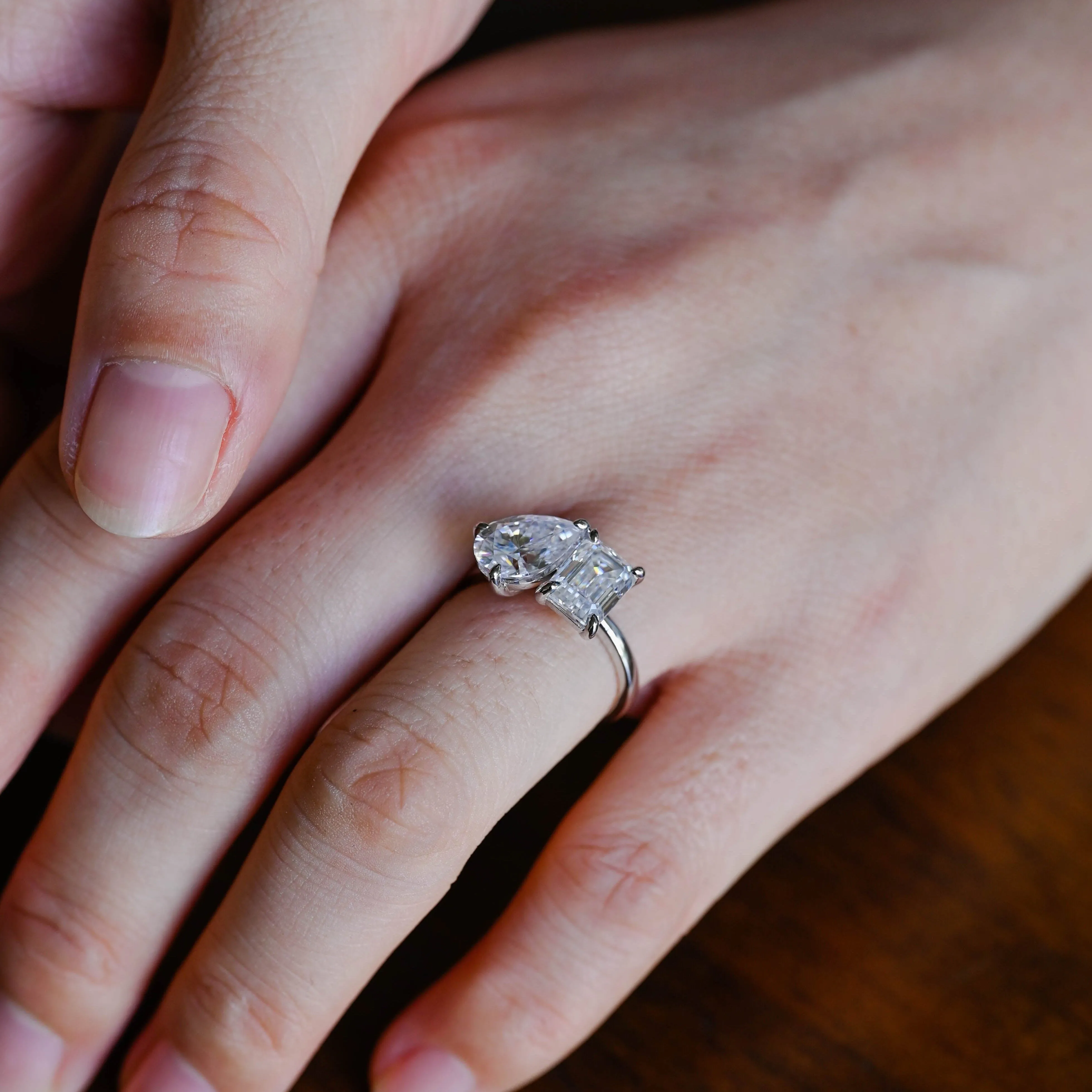 Solid Gold Toi et Moi Ring, Pear & Emerald Cut Moissanite Engagement Ring sold by Causyou product image thumbnail 2