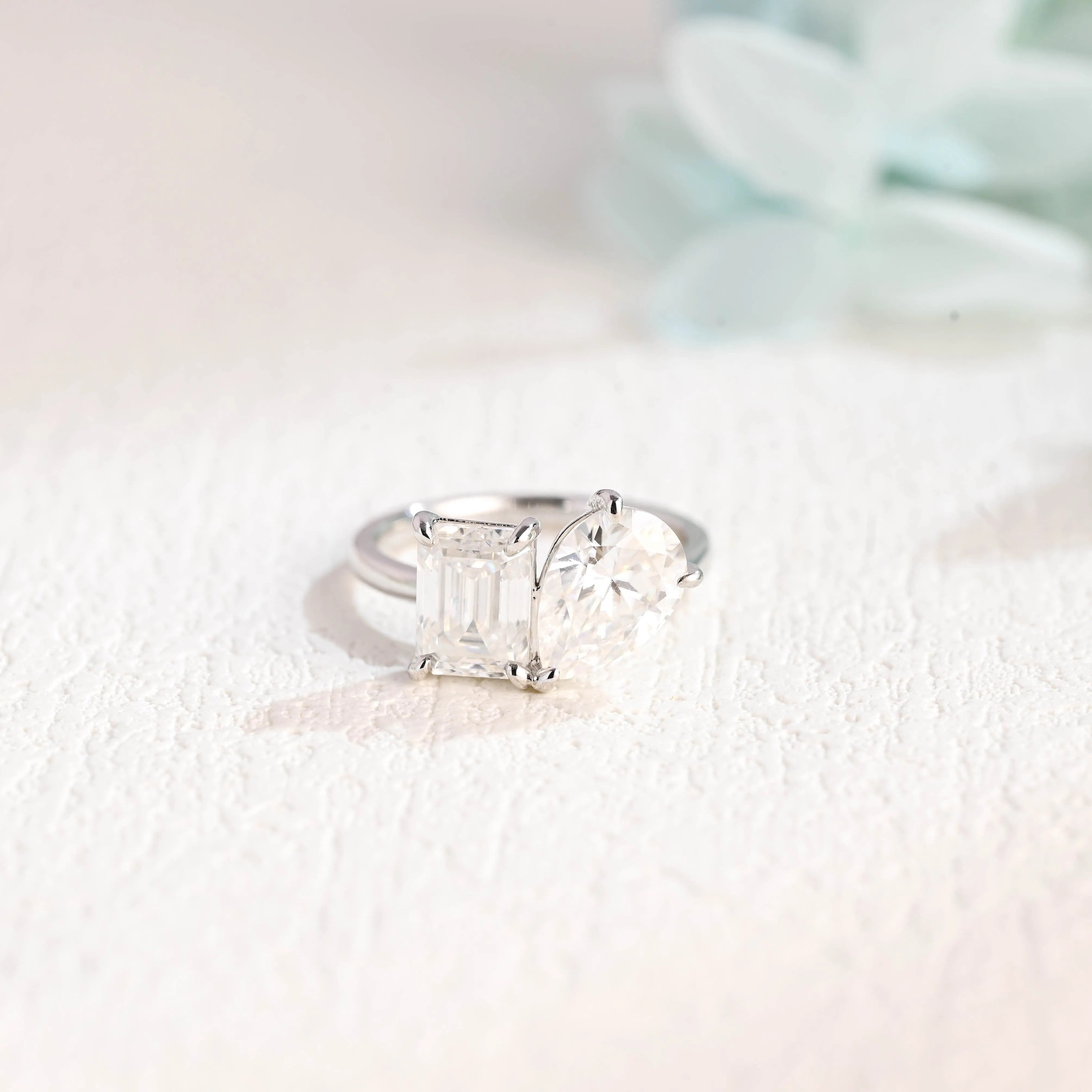 Solid Gold Toi et Moi Ring, Pear & Emerald Cut Moissanite Engagement Ring sold by Causyou product image thumbnail 5