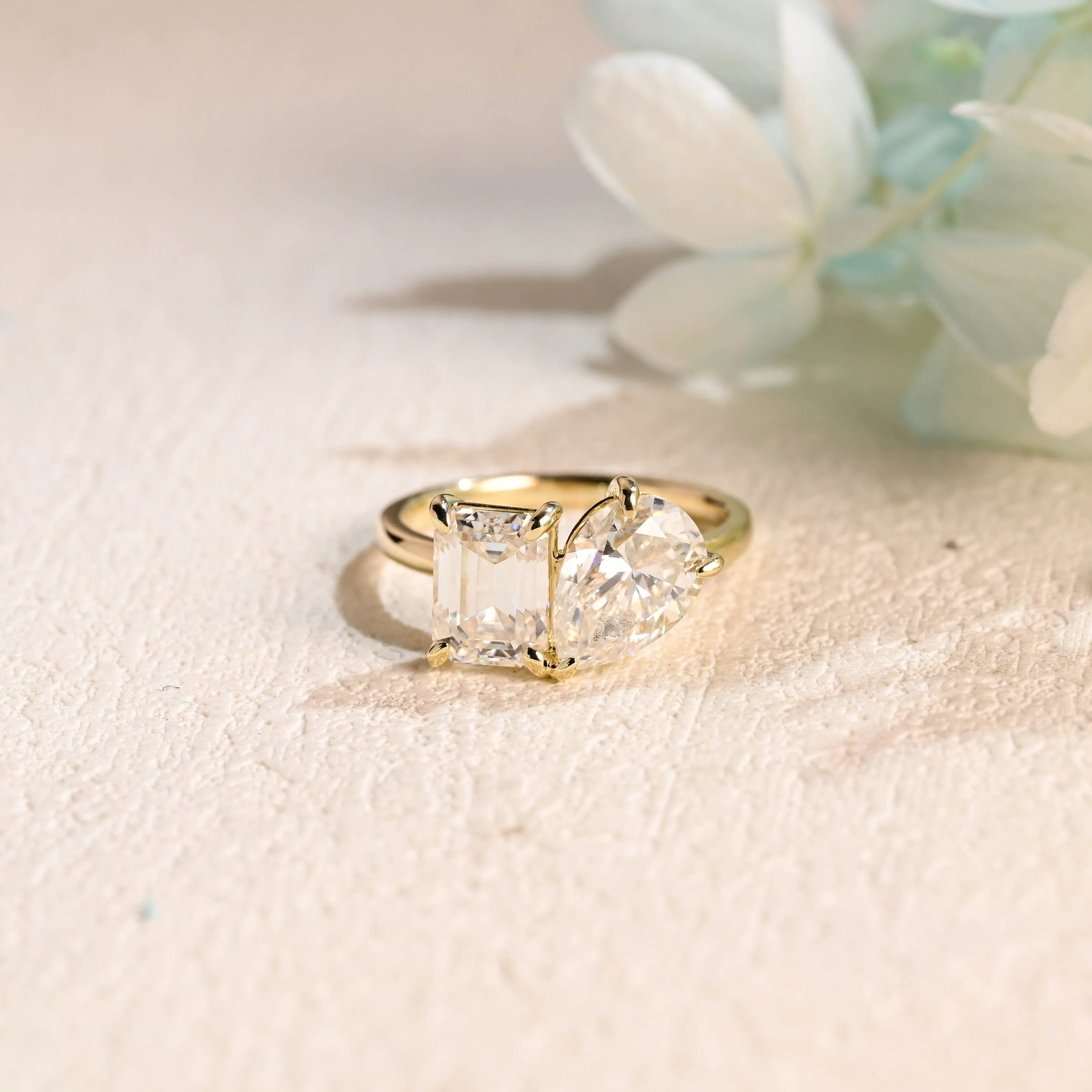 Solid Gold Toi et Moi Ring, Pear & Emerald Cut Moissanite Engagement Ring sold by Causyou