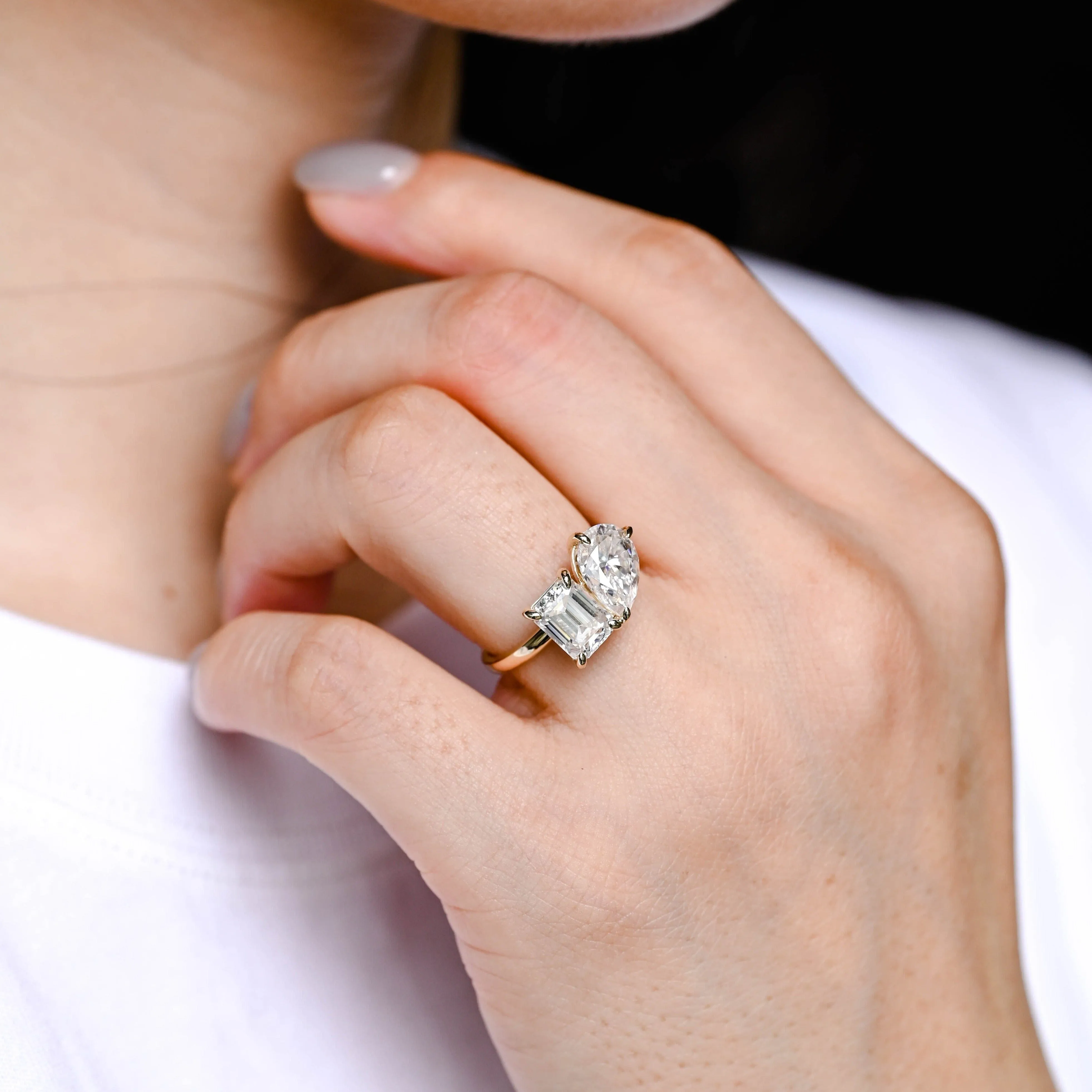 Solid Gold Toi et Moi Ring, Pear & Emerald Cut Moissanite Engagement Ring sold by Causyou product image thumbnail 4