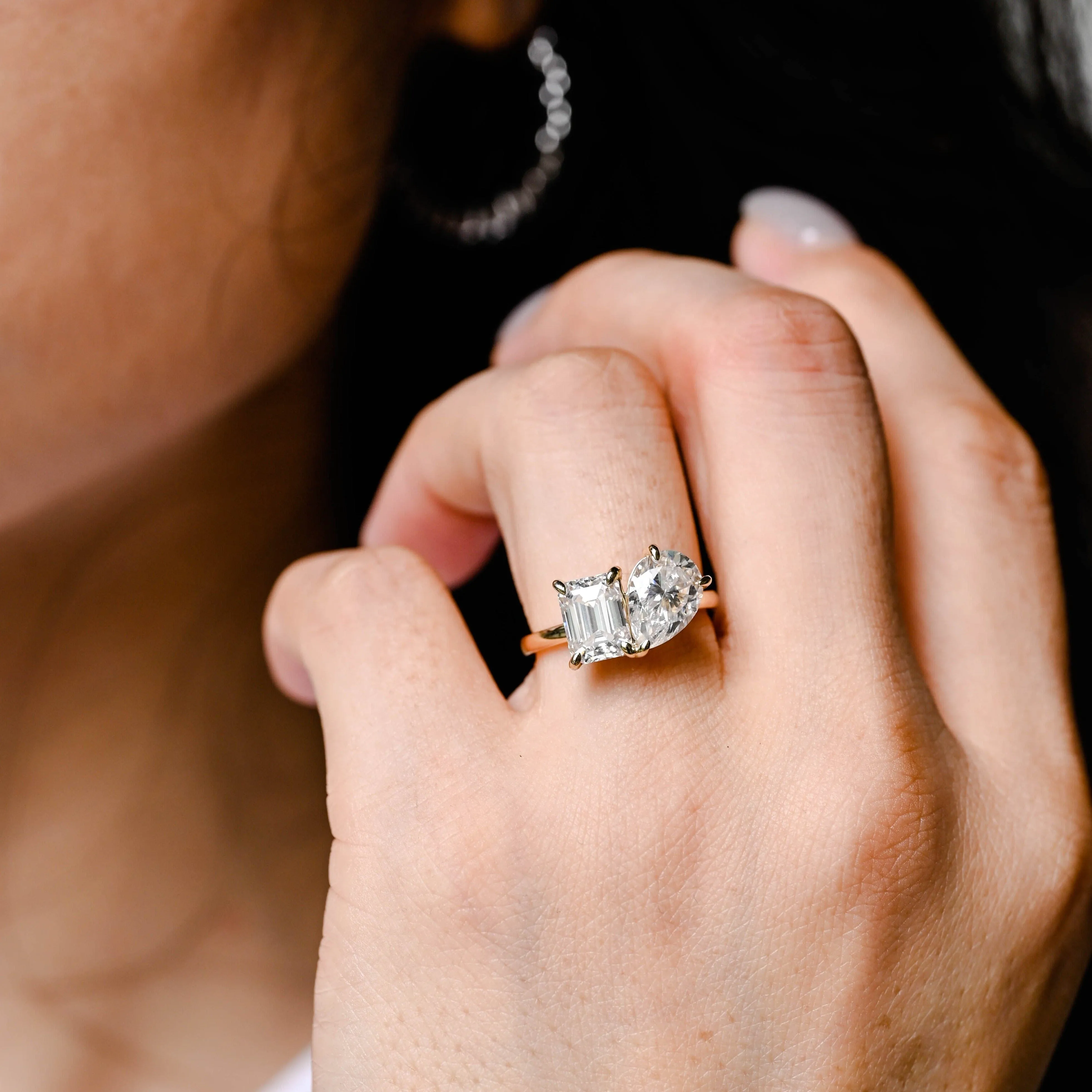 Solid Gold Toi et Moi Ring, Pear & Emerald Cut Moissanite Engagement Ring sold by Causyou product image thumbnail 3