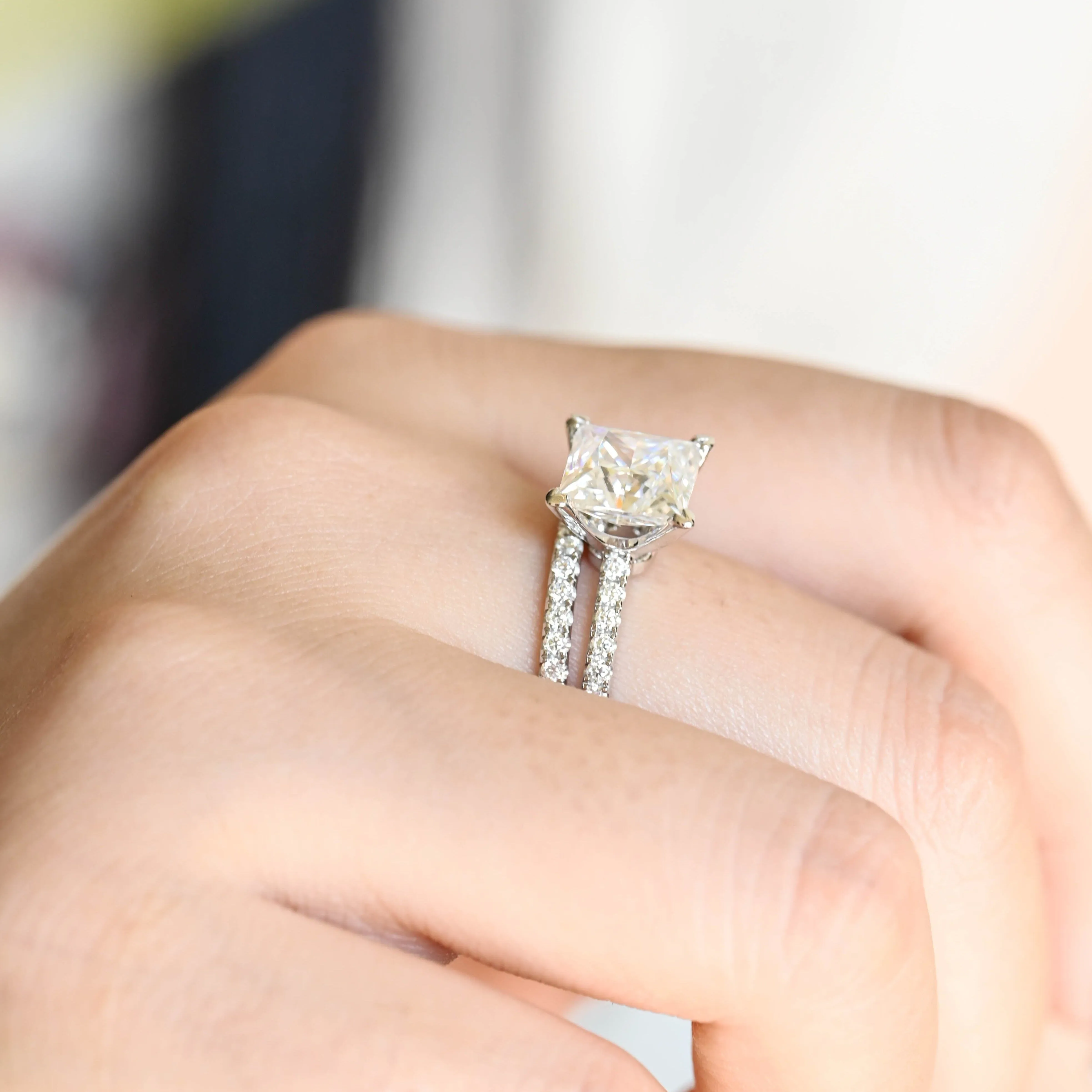 Solid Gold Princess Cut Moissanite Engagement Ring and Wedding Ring Set sold by Causyou product image thumbnail 3