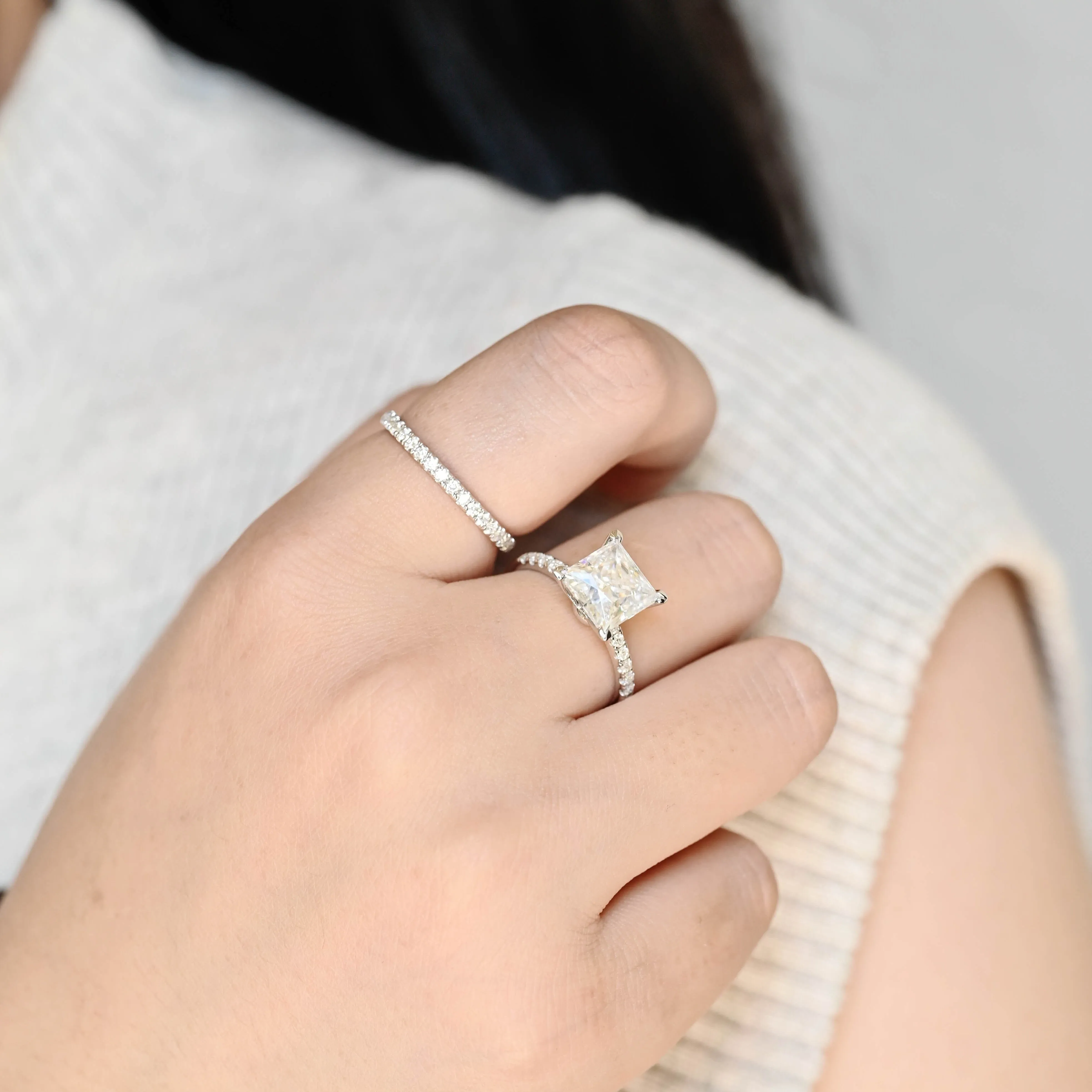 Solid Gold Princess Cut Moissanite Engagement Ring and Wedding Ring Set sold by Causyou product image thumbnail 2