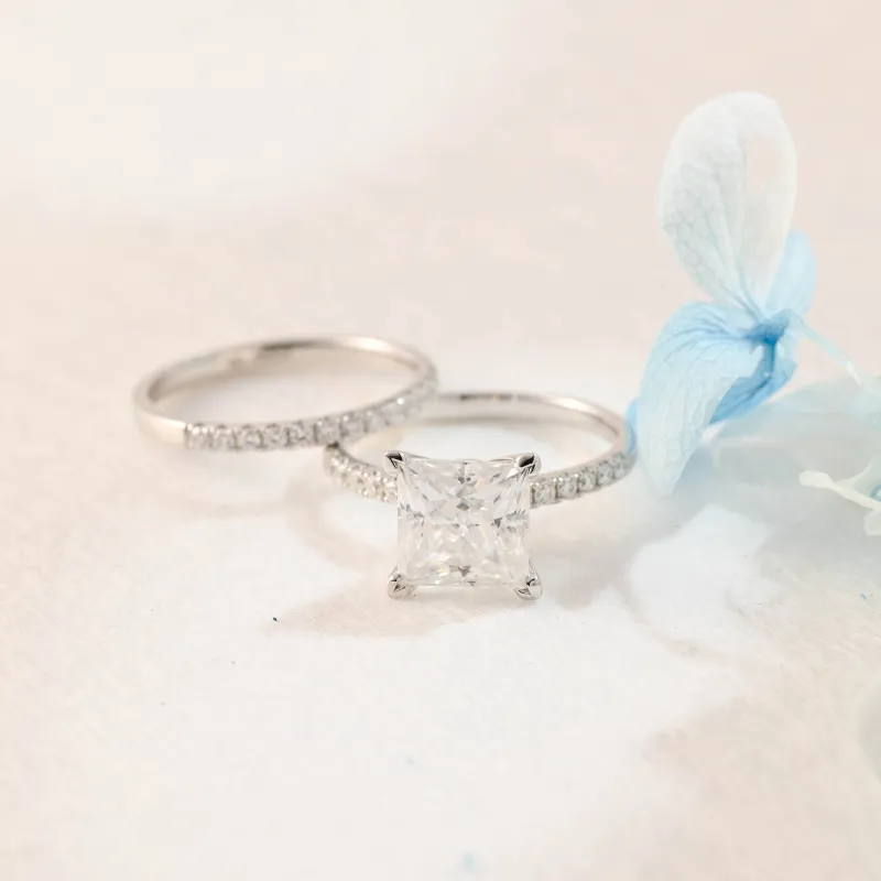Solid Gold Princess Cut Moissanite Engagement Ring and Wedding Ring Set made by Causyou