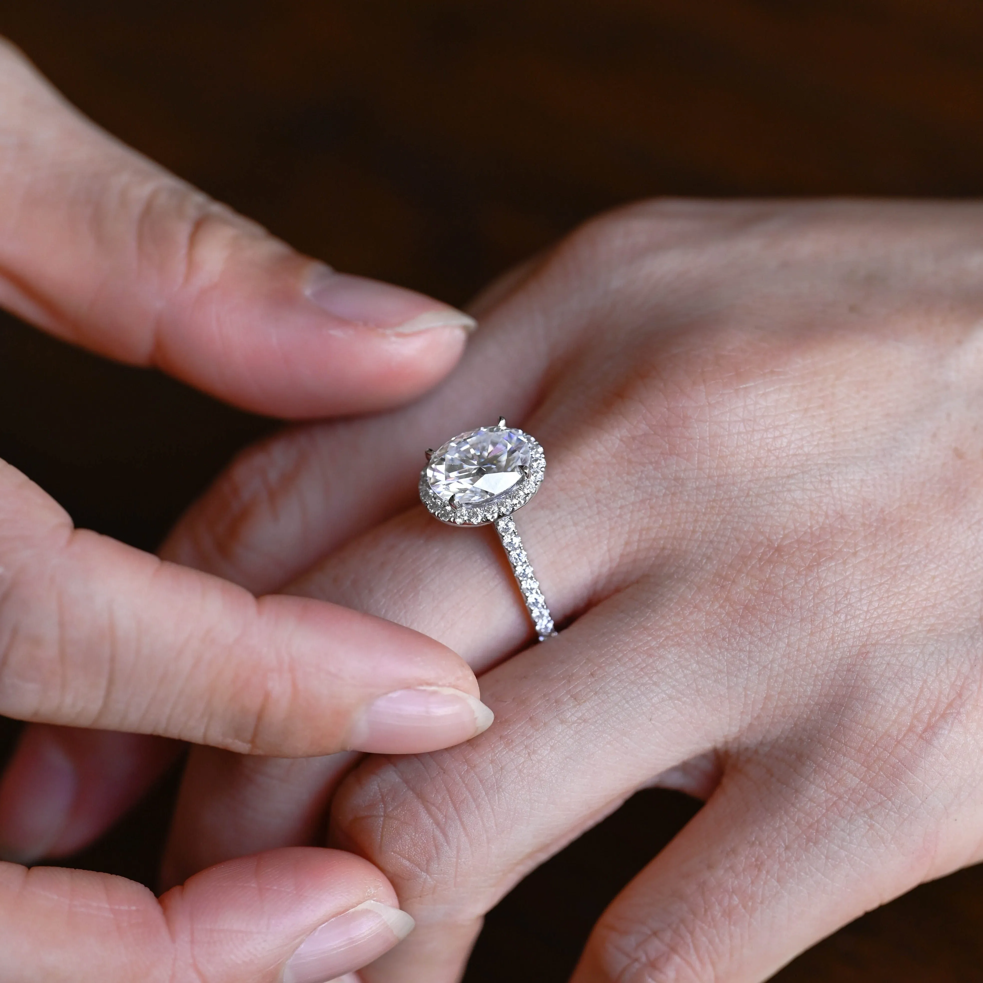 Solid Gold Cathedral Setting Halo Oval Cut Moissanite Engagement Ring sold by Causyou product image thumbnail 2