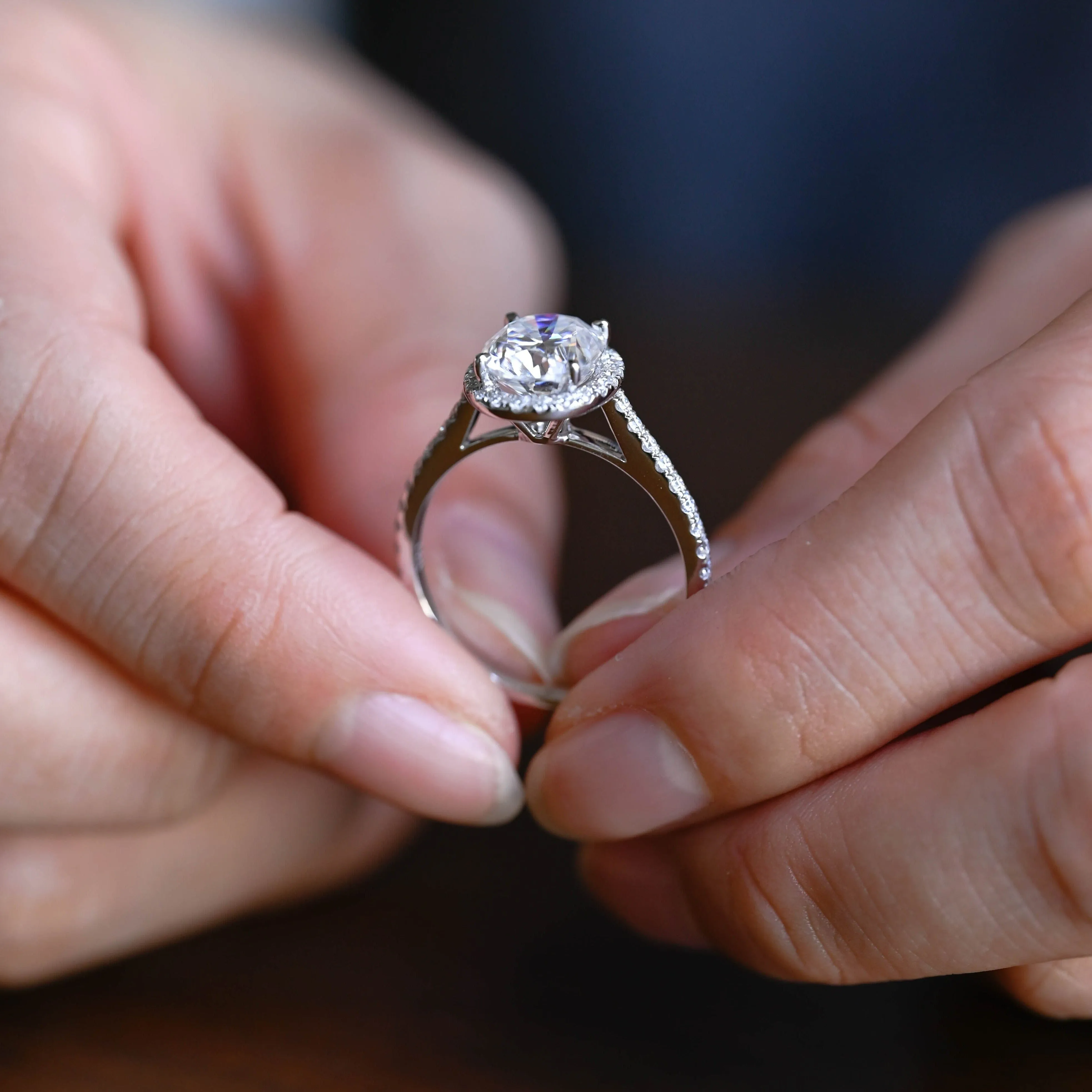 Solid Gold Cathedral Setting Halo Oval Cut Moissanite Engagement Ring sold by Causyou product image thumbnail 3
