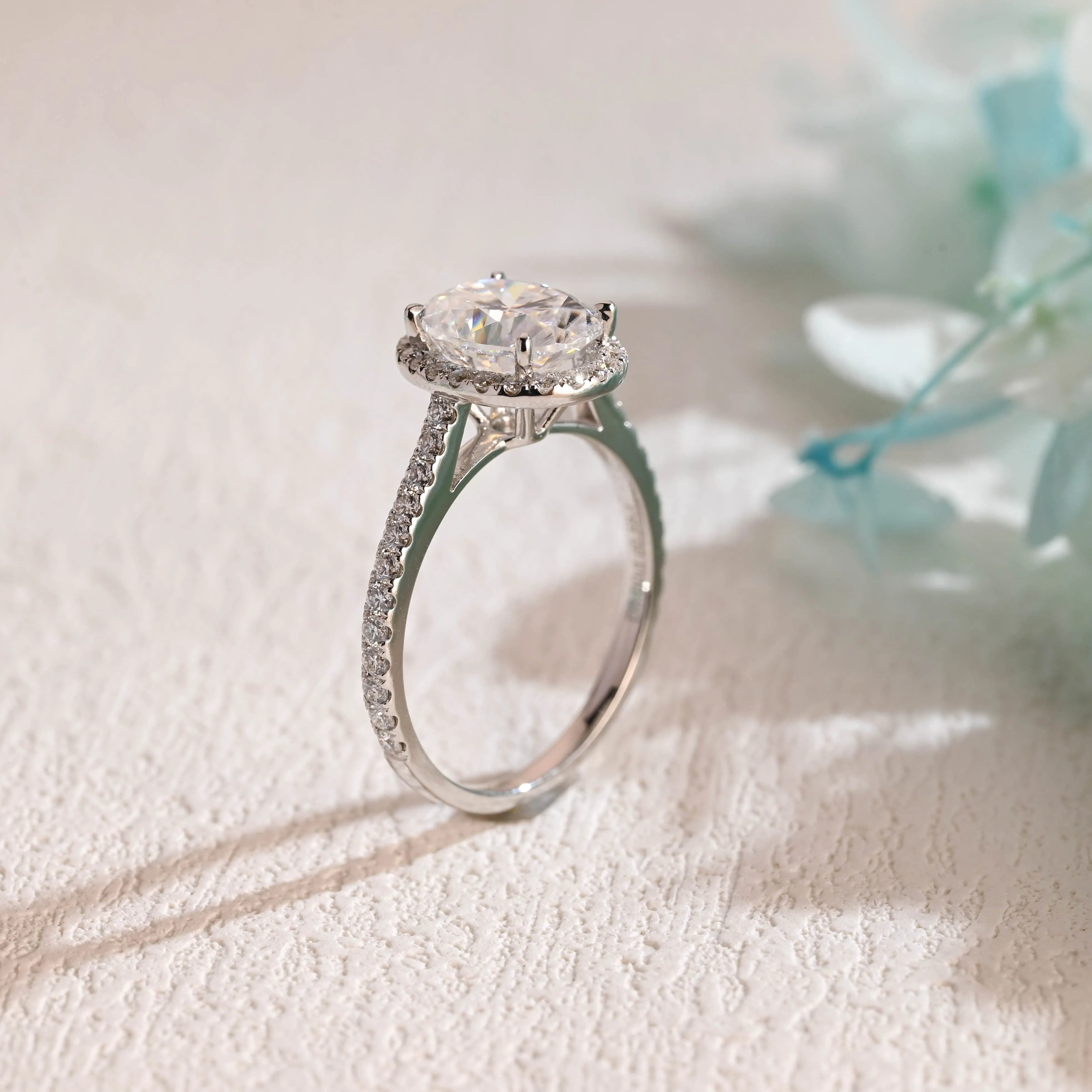 Solid Gold Cathedral Setting Halo Oval Cut Moissanite Engagement Ring sold by Causyou
